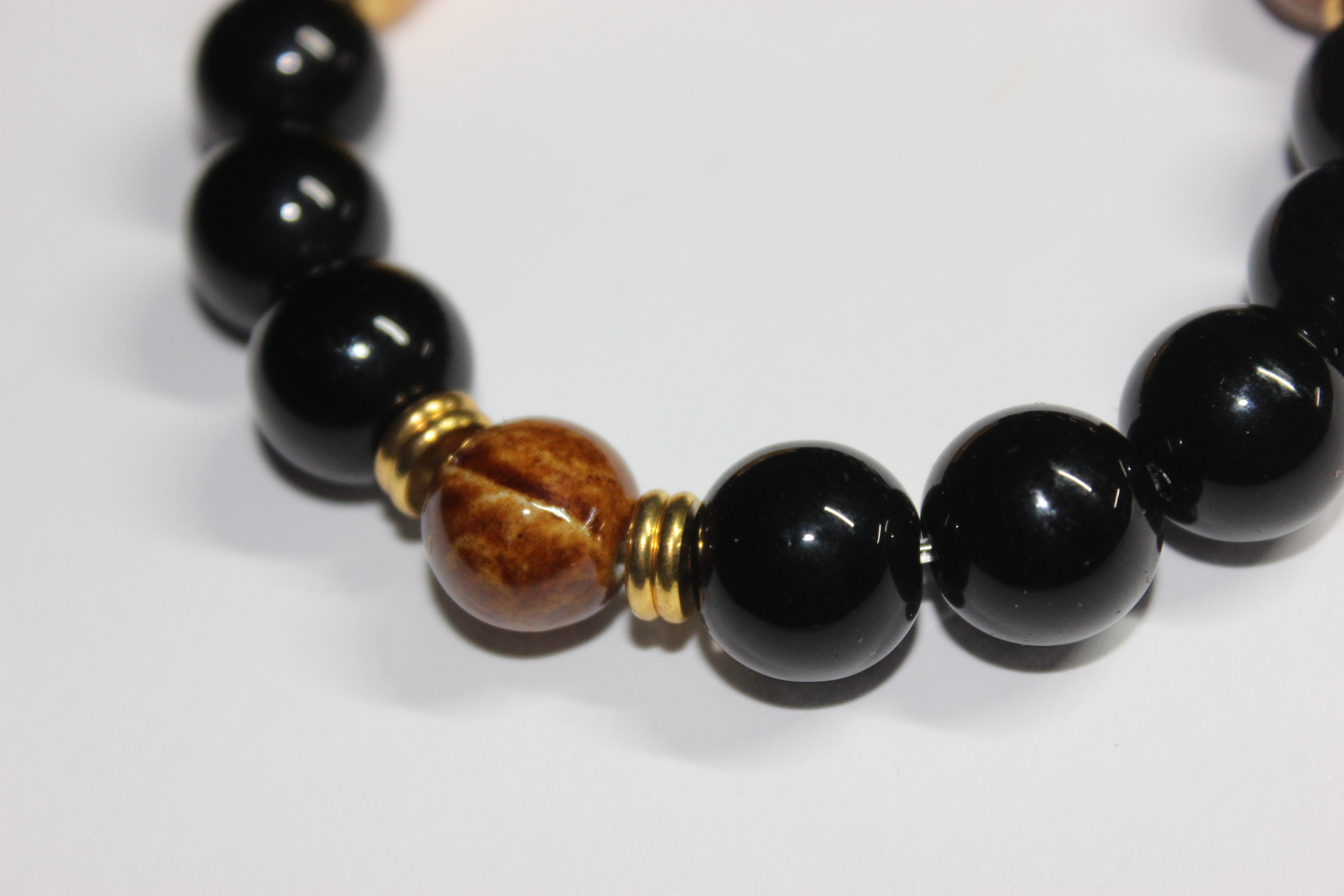 Black Topaz & Brown w/ Gold Beaded Bracelet