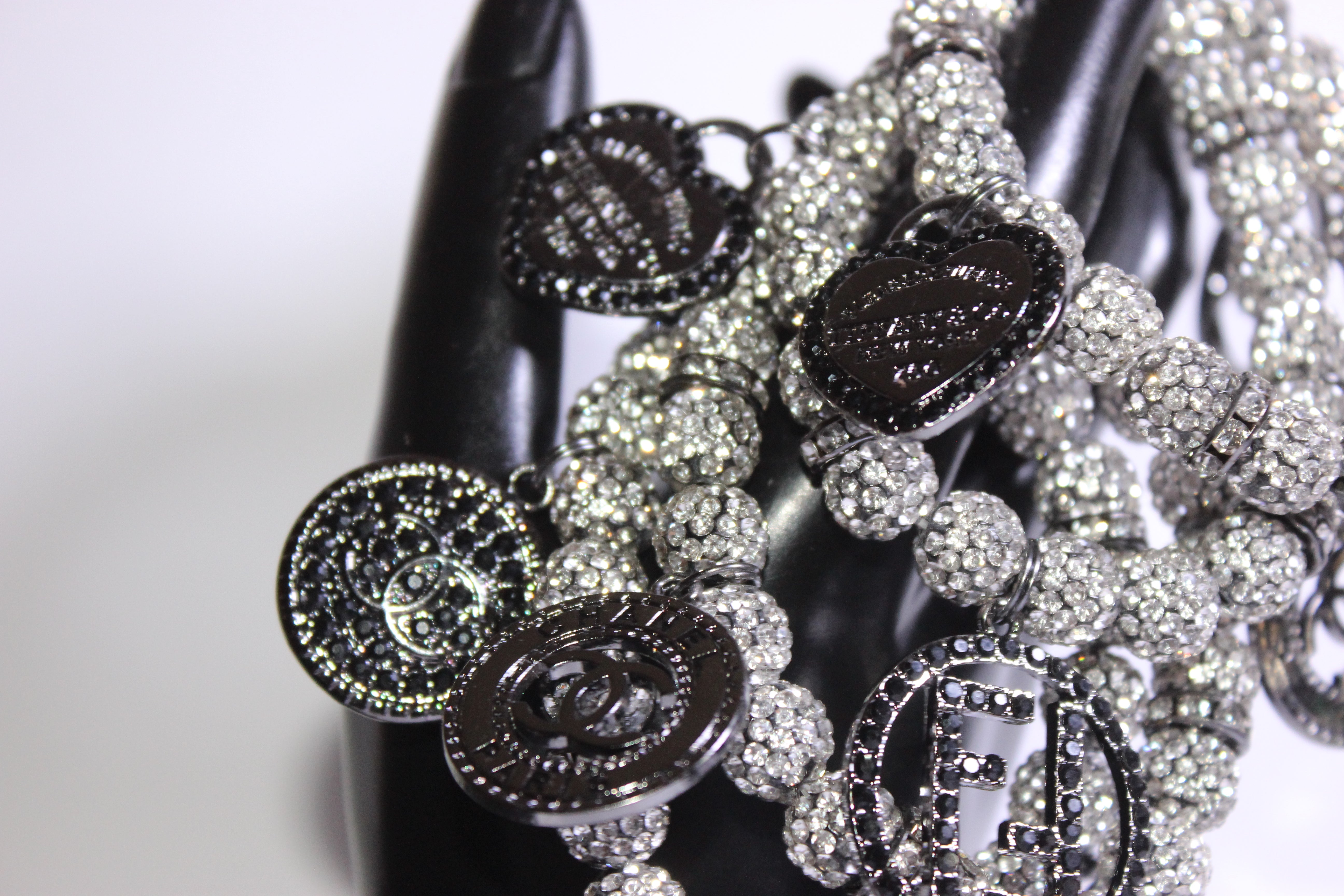 Black & Silver Rhinestone Charm Bracelet Set