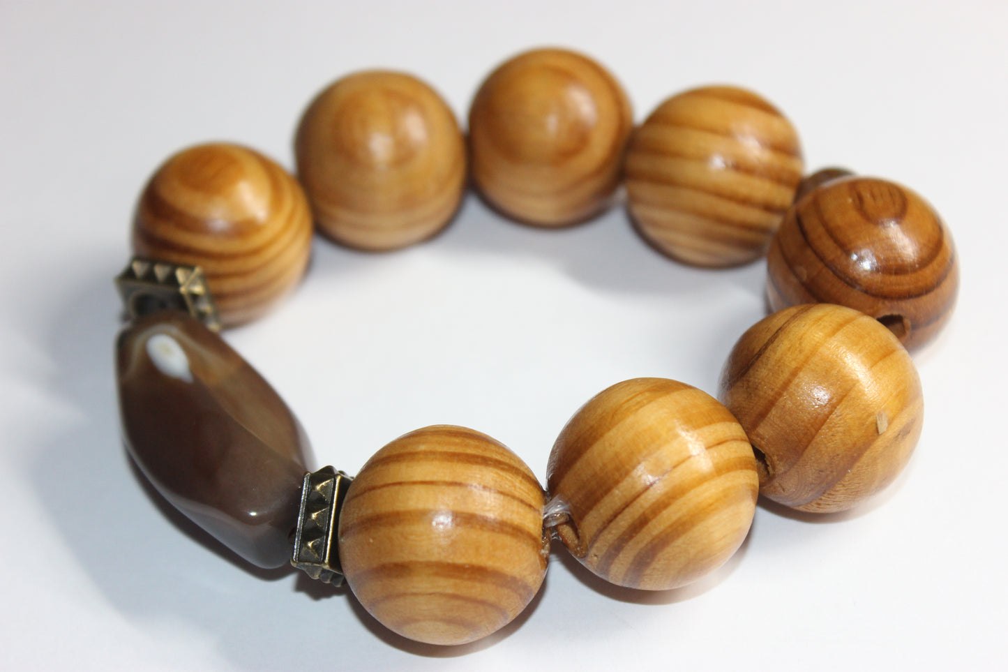 Brown Marble Smooth Stone Large Wood Beaded Bracelet