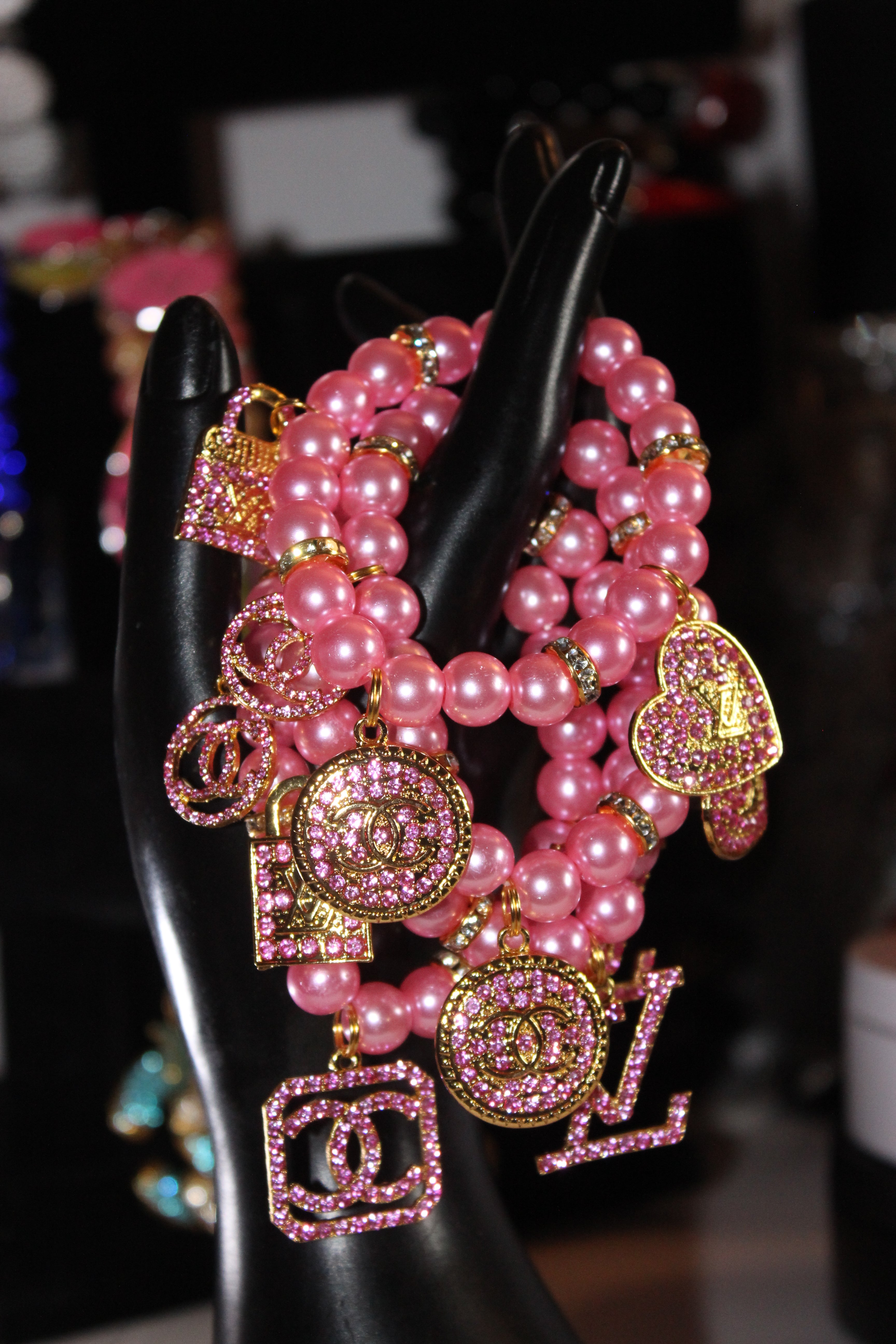 Pink & Gold 4 Piece Charm Bracelet Set w/ Rhinestone Charms