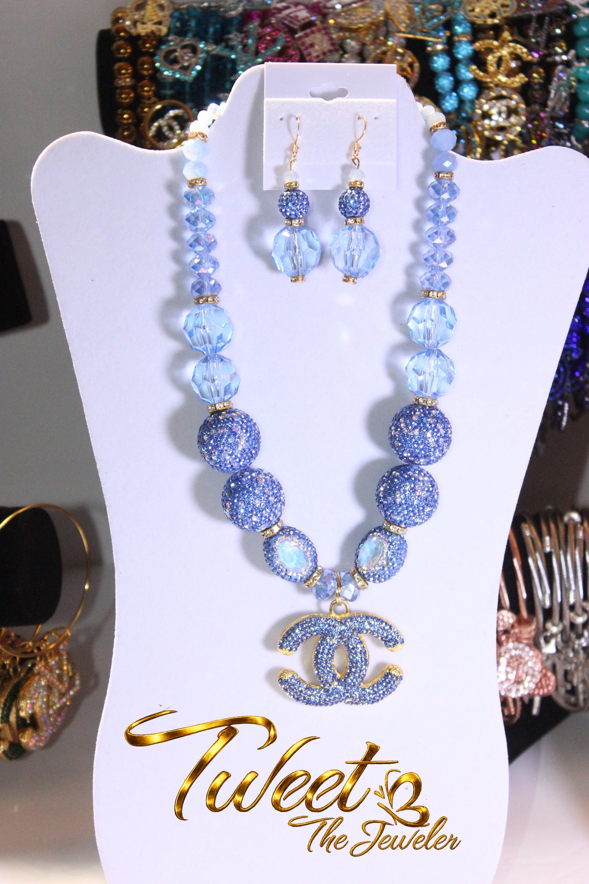 Light Blue Rhinestone Charm Necklace & Earrings Set