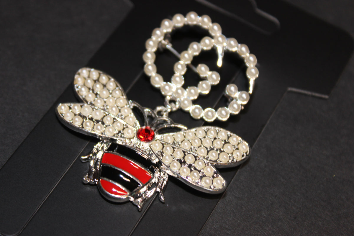 Pearl Silver with Red & Black Brooch Pin