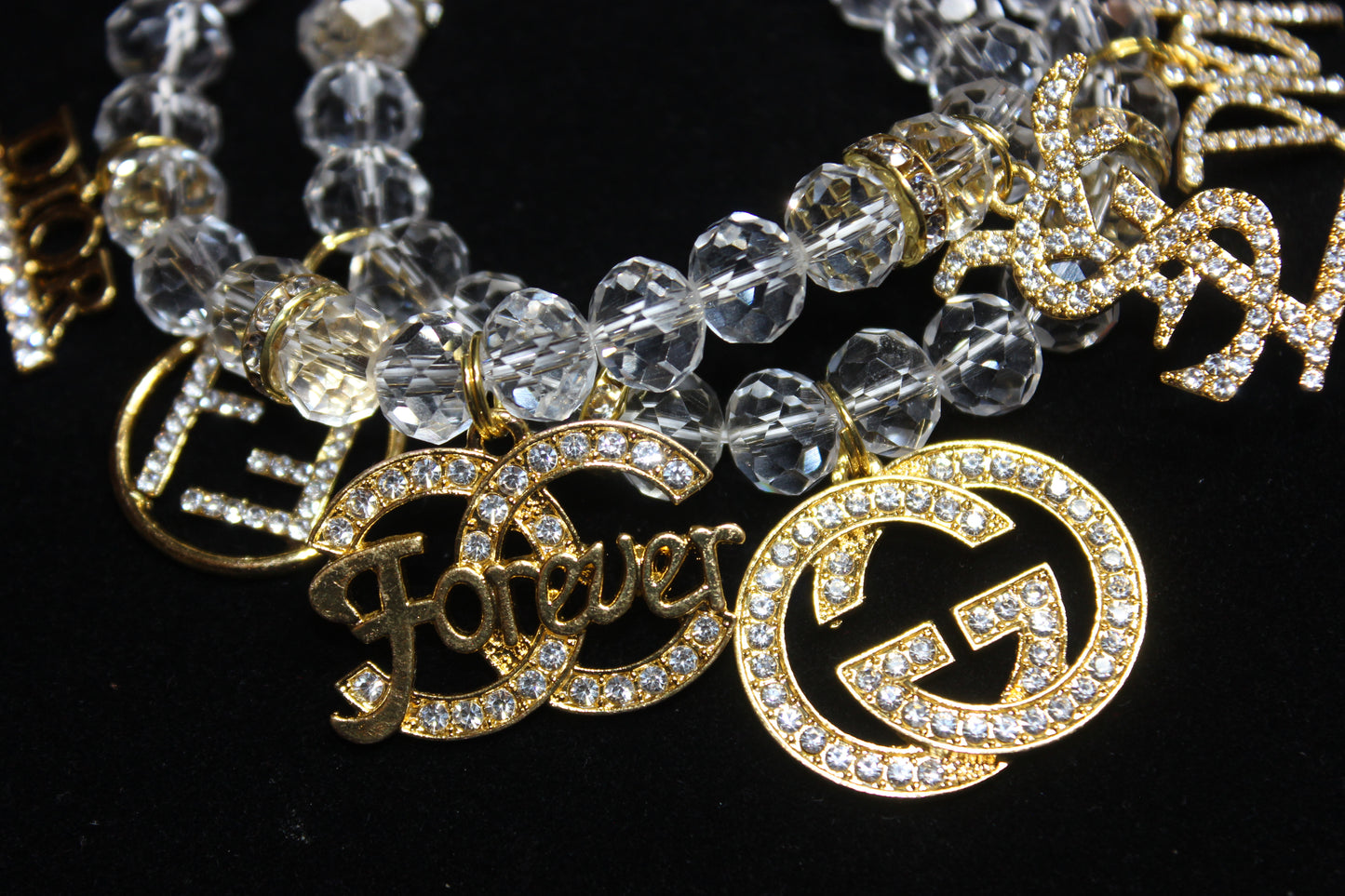 2 Piece Clear & Gold Crystal Charm Bracelet Set