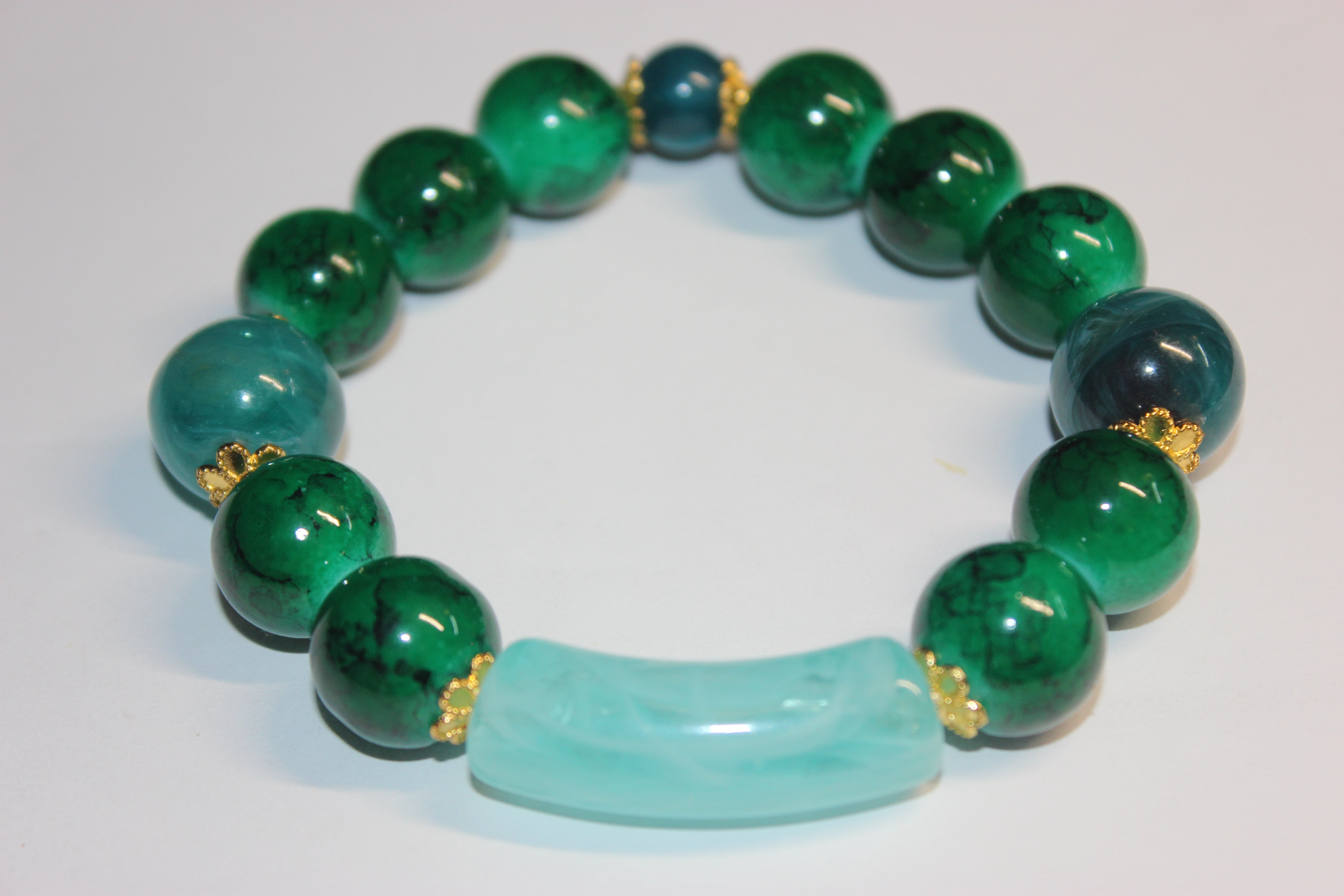 Shades Of Green w/ Aquamarine & Gold BOBCAT Beaded Bracelet