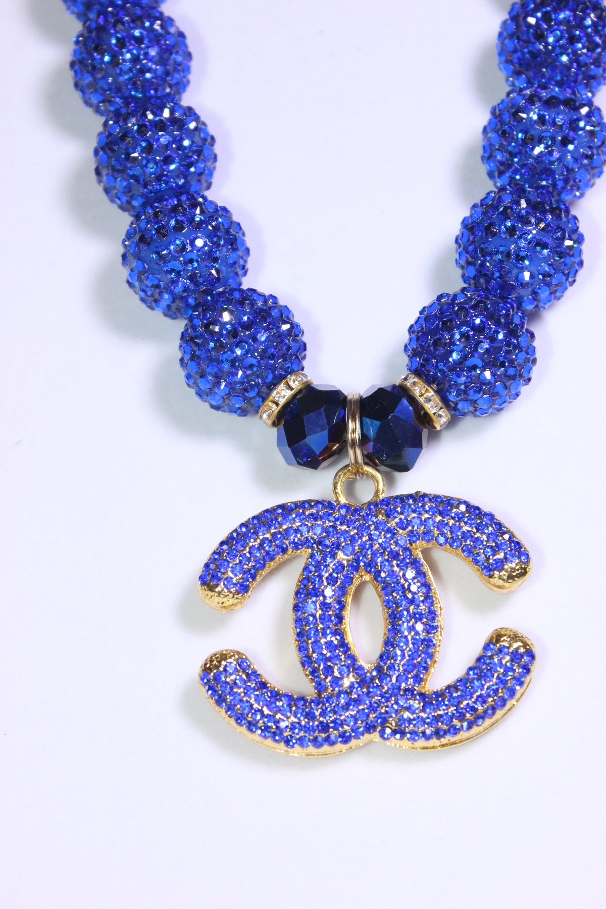 Royal Blue & Gold Rhinestone Charm Necklace Set with Earrings