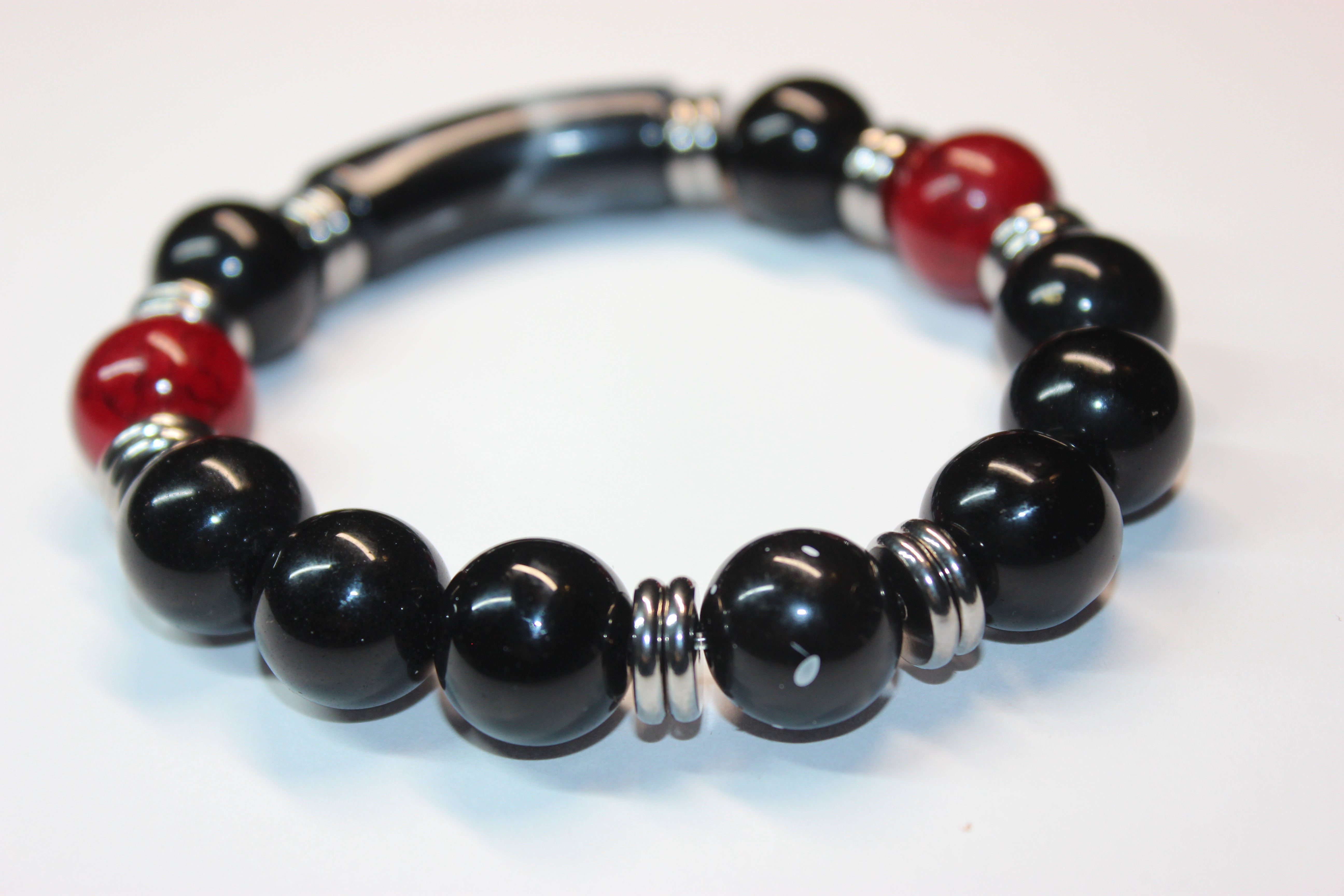 Men’s Black Red & Silver Beaded Bracelet