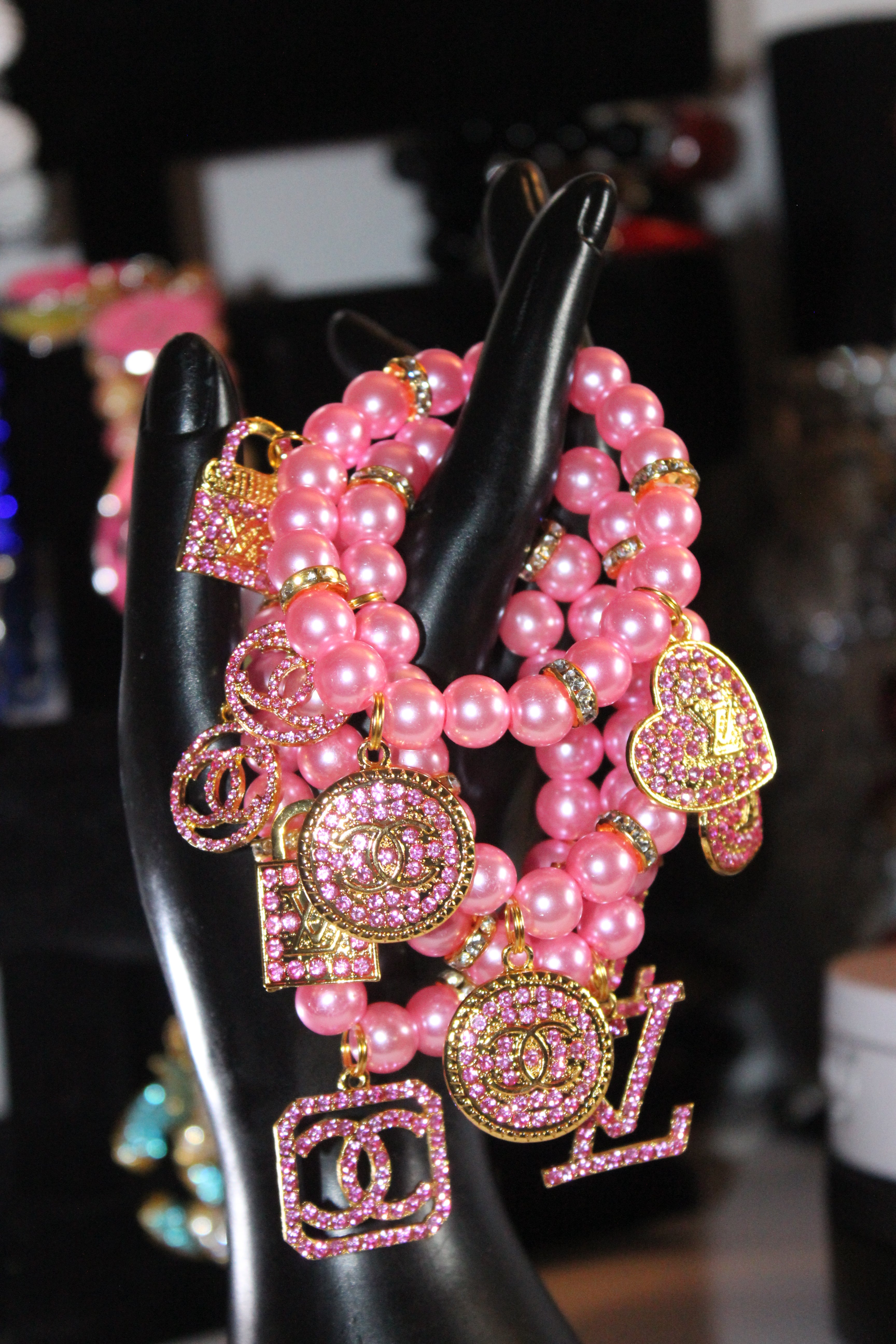 Pink & Gold 4 Piece Charm Bracelet Set w/ Rhinestone Charms