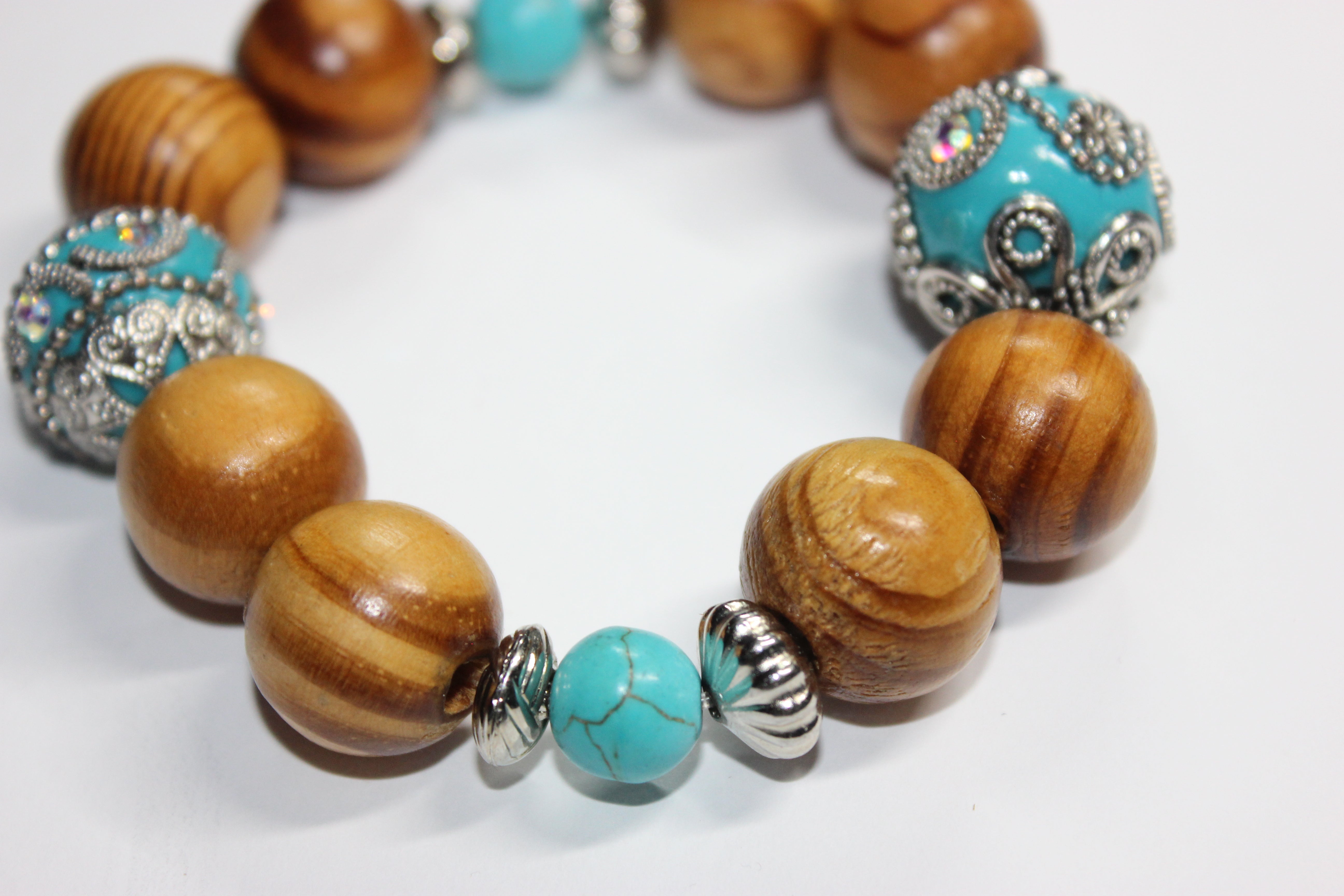 Wood & Turquoise Beaded Bracelet