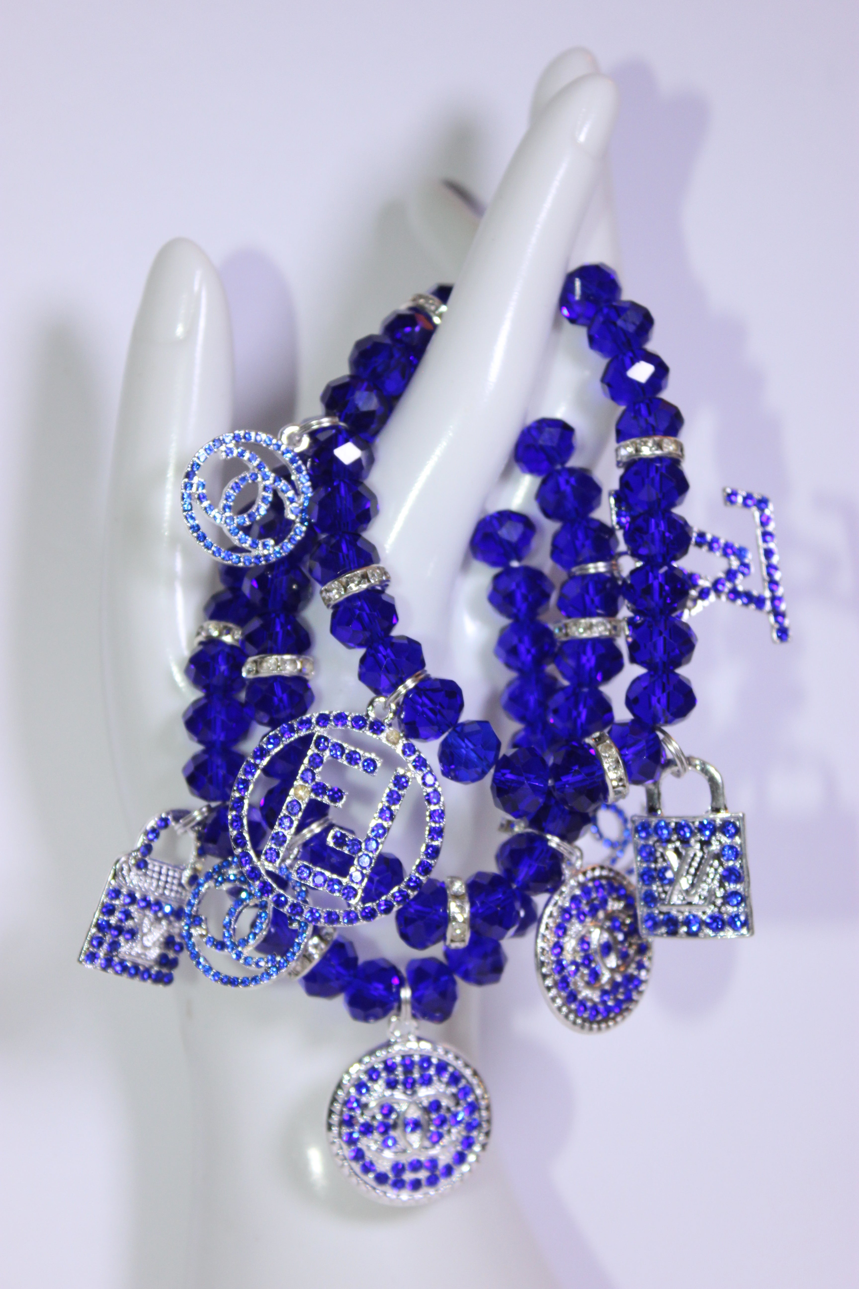 Royal Blue & Silver 3 Piece Crystal Charm Bracelet Set