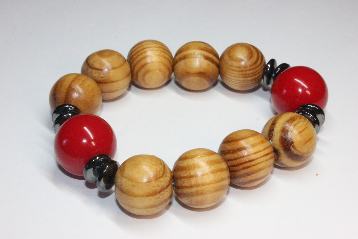 Wooden Beaded Bracelet w/ Red