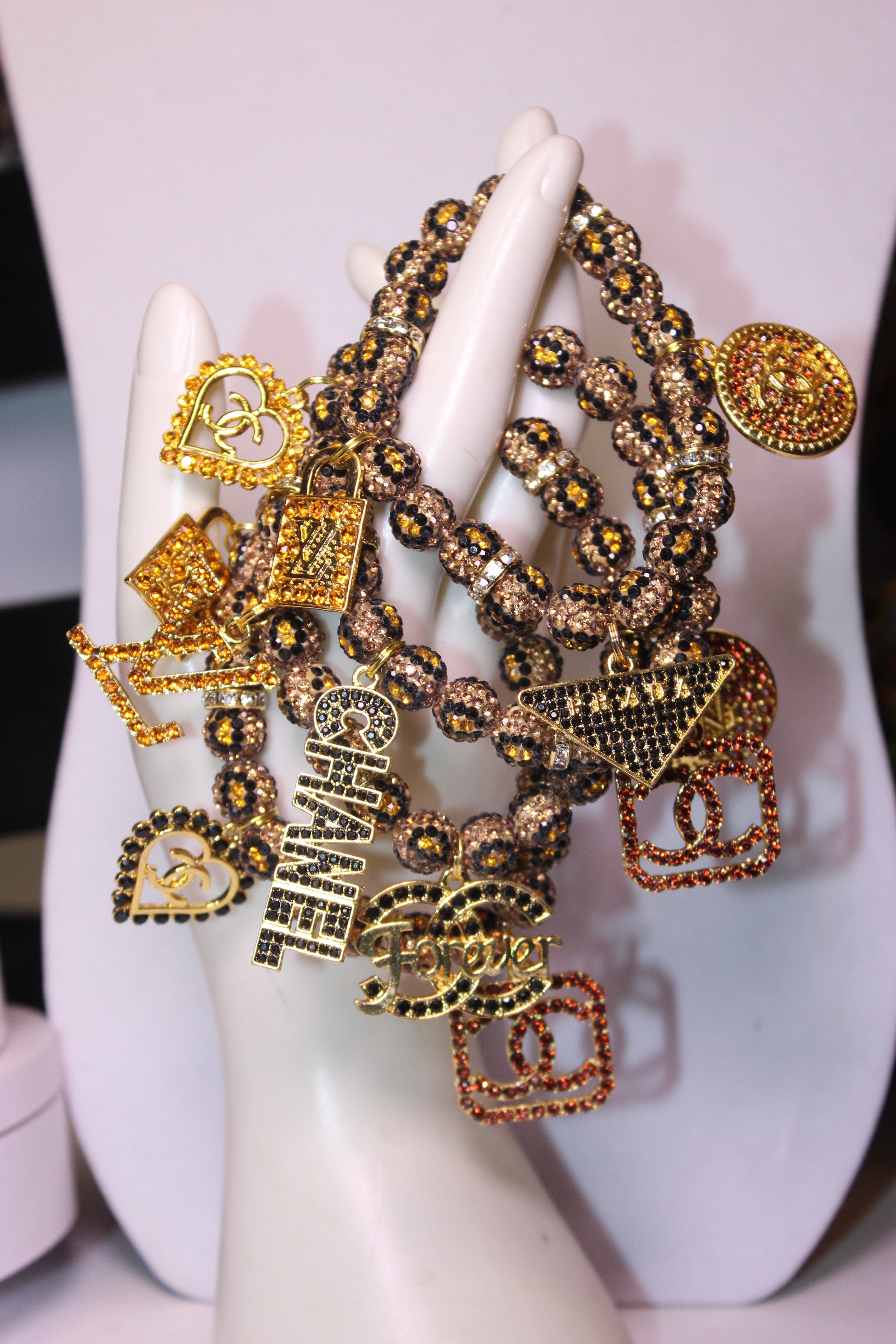 Animal Print 4 Piece Rhinestone Charm Bracelet Set Black/Brown/Gold/Topaz