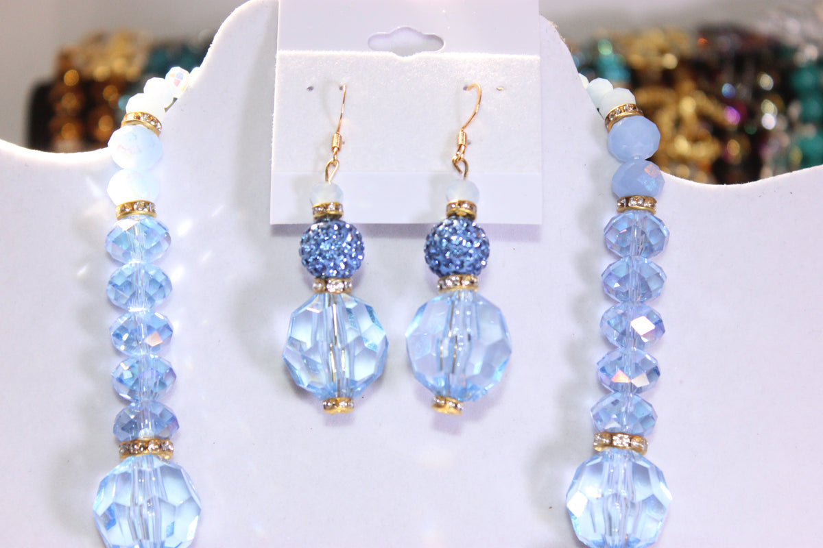 Light Blue Rhinestone Charm Necklace & Earrings Set