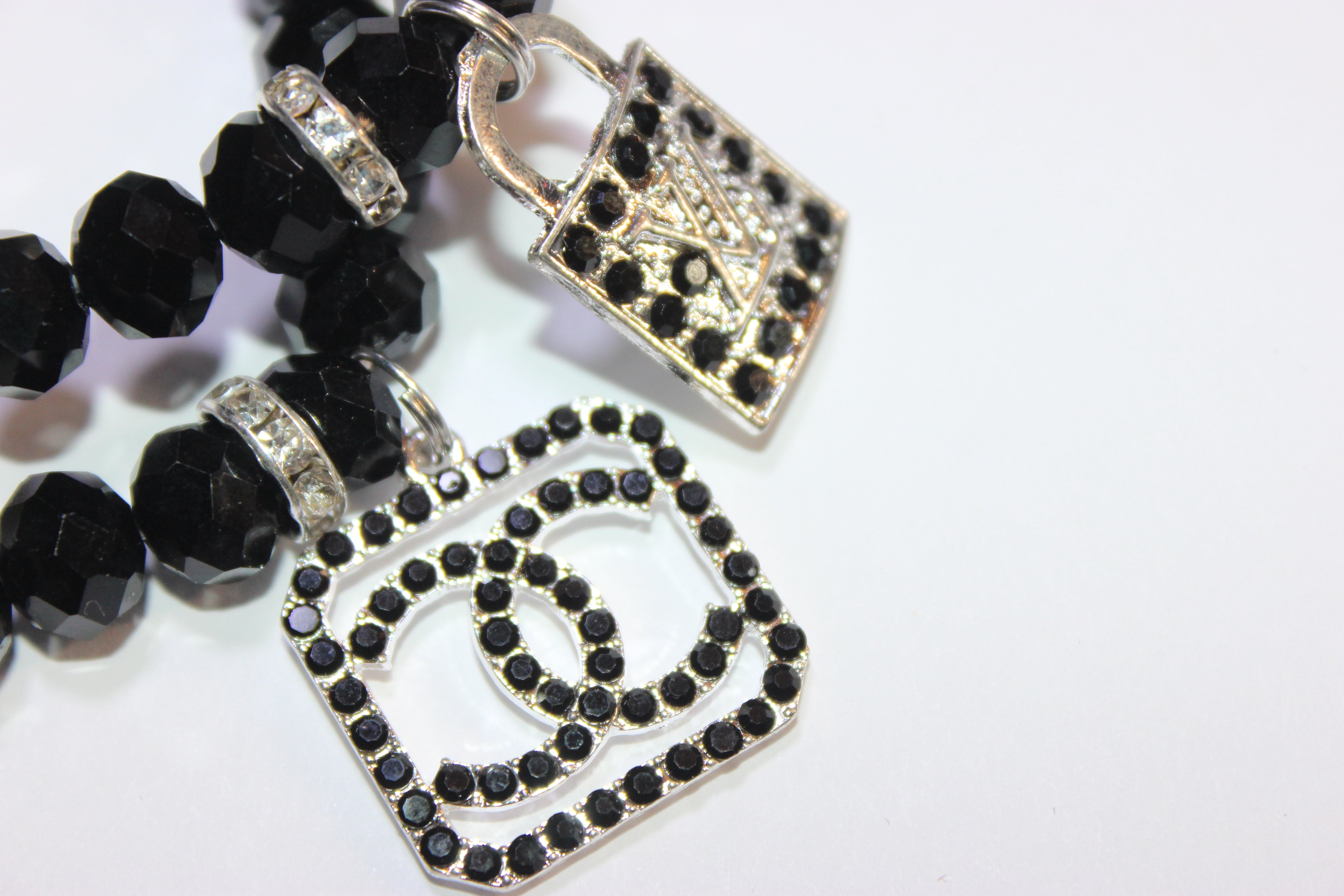 2 Piece Black & Silver Crystal Charm Bracelet Set