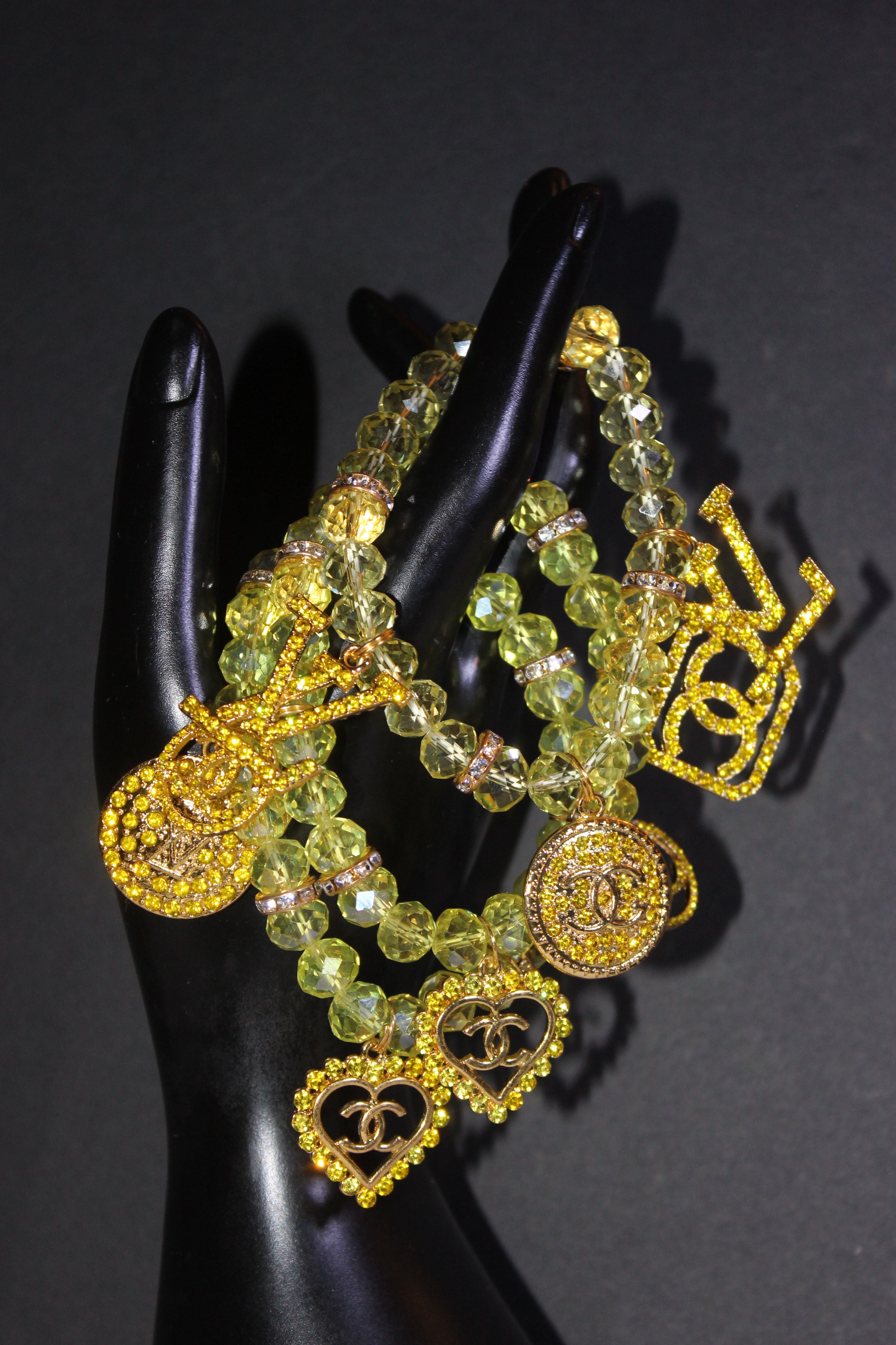 3 Piece Shades of Yellow & Gold Crystal Charm Bracelet Set