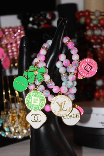 3 Piece Pink Green & White w/ Gold Charm Bracelet Set