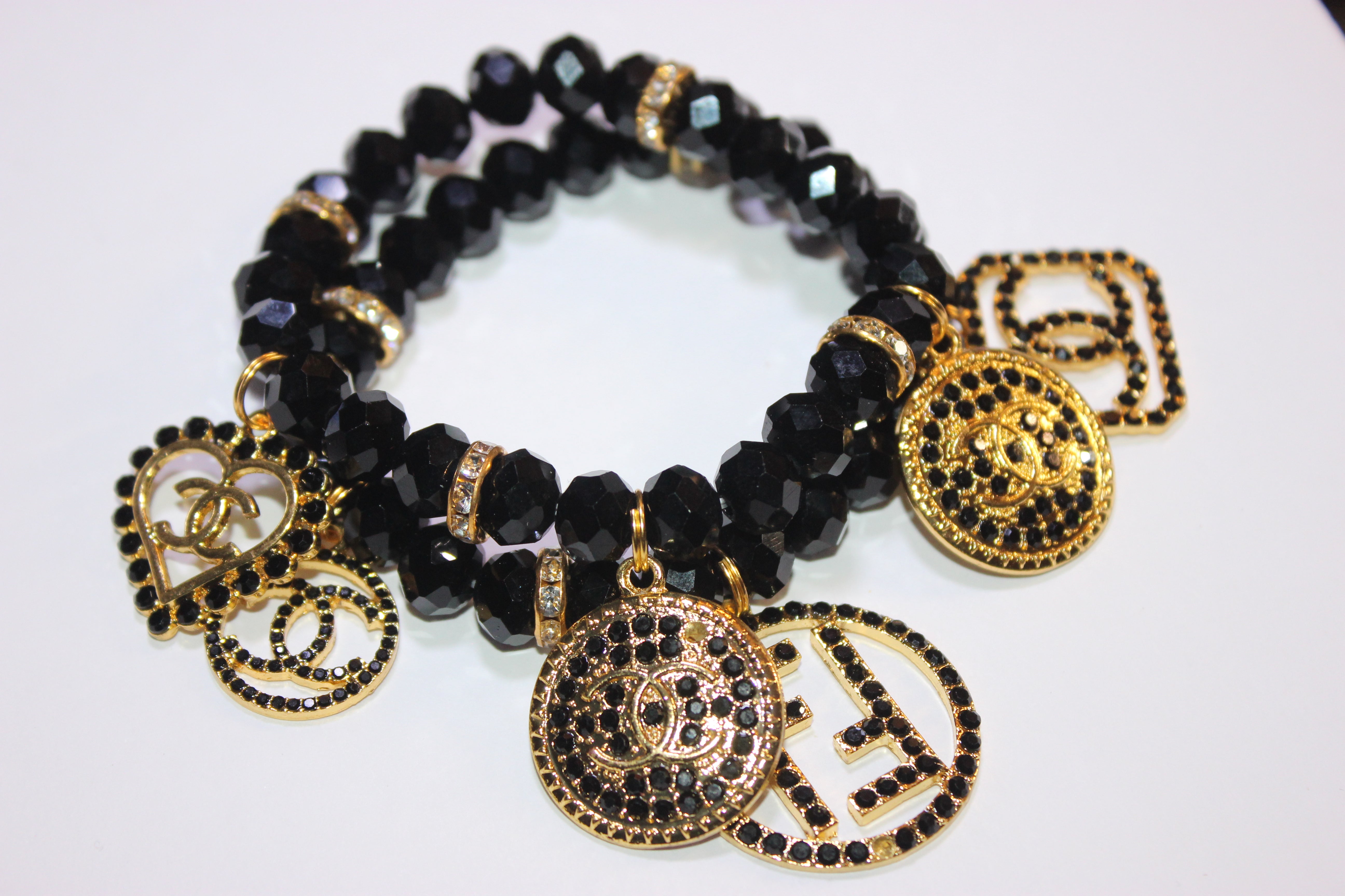 Black & Gold 2 Piece Crystal Charm Bracelet Set