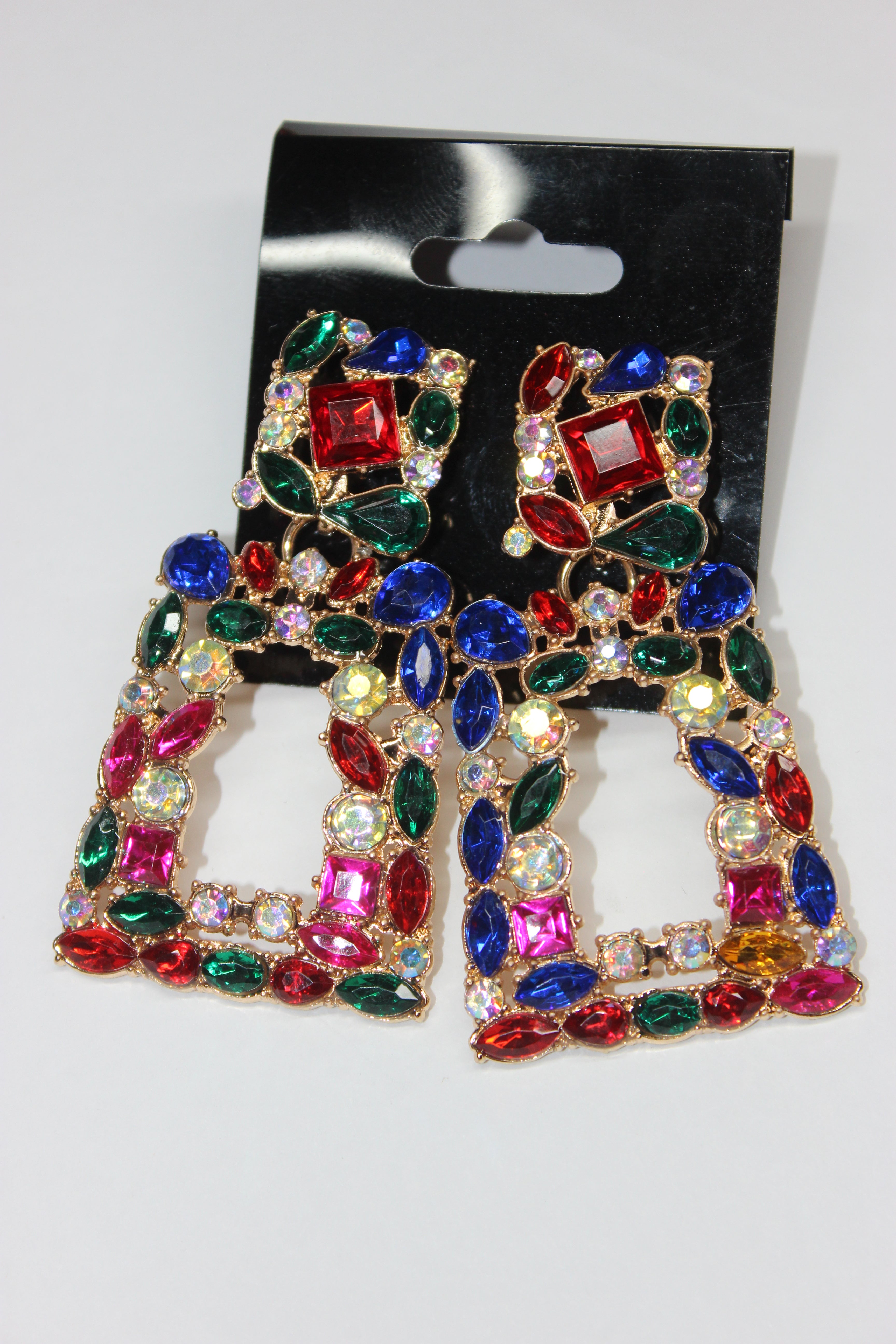 Multicolored Rhinestone & Gold Post Earrings