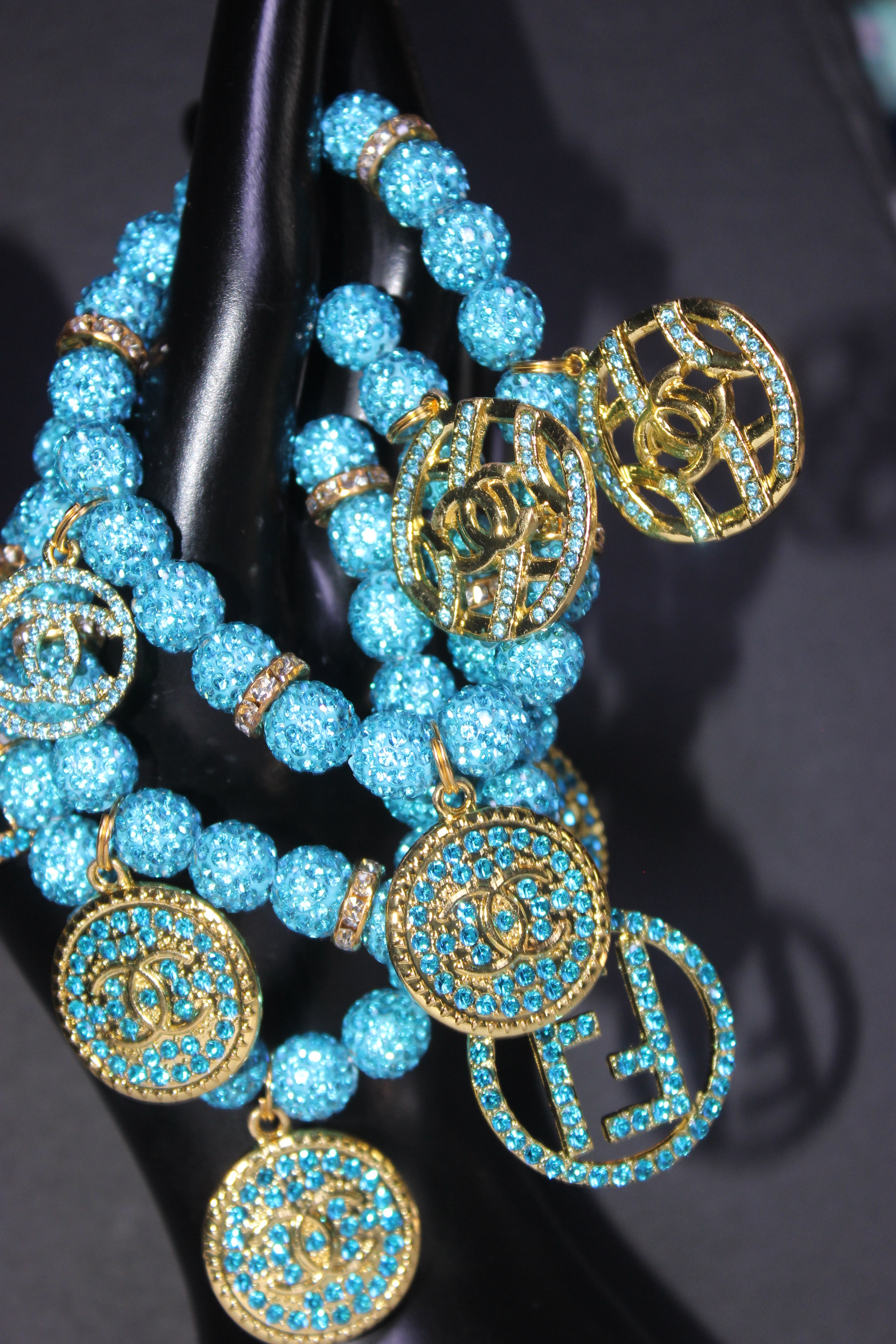 3 Piece Aquamarine & Gold Rhinestone Charm Bracelet Set