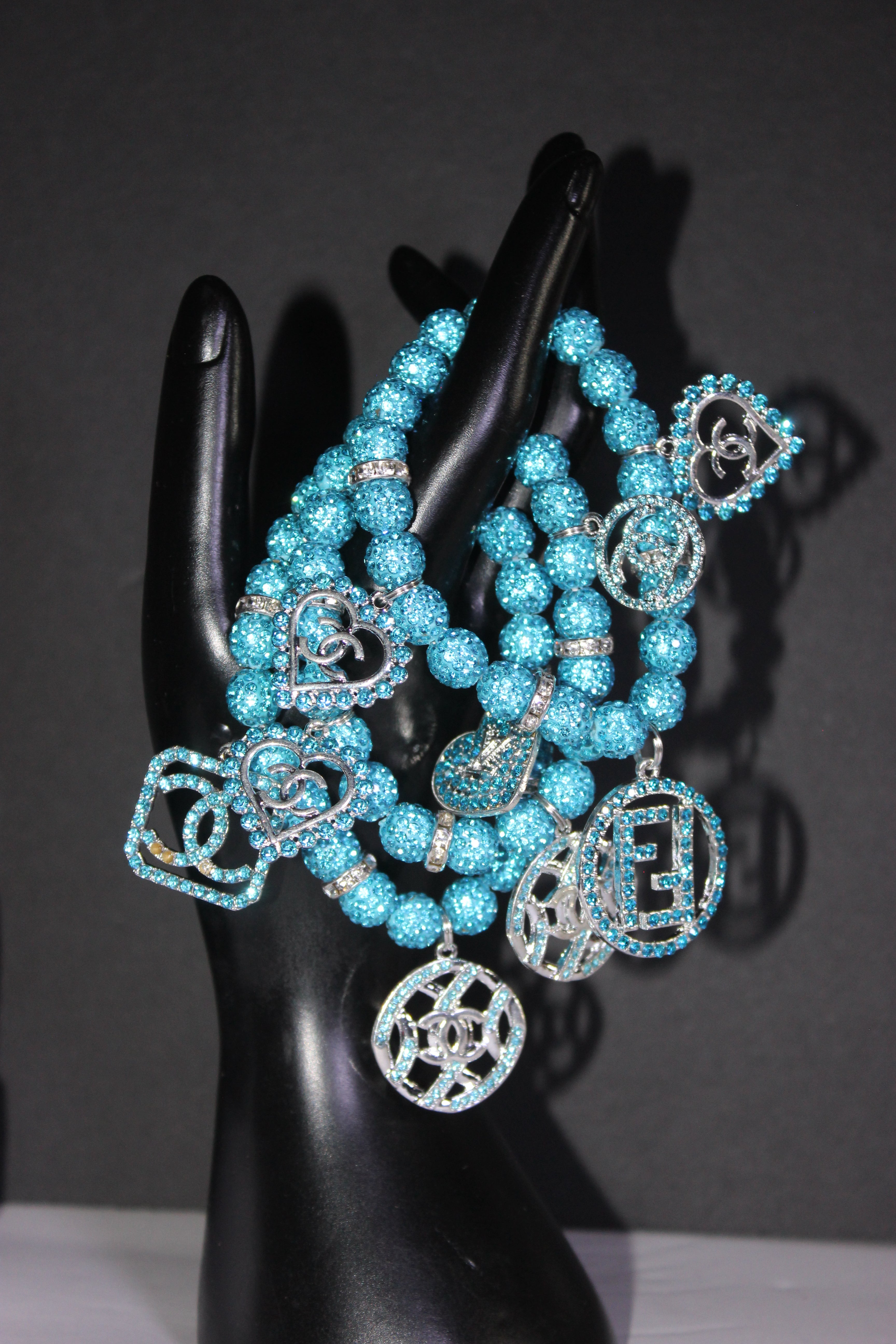 3 Piece Aquamarine & Silver Rhinestone Charm Bracelet Set