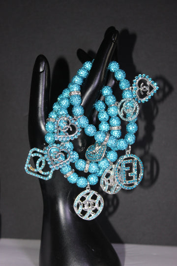 3 Piece Aquamarine & Silver Rhinestone Charm Bracelet Set