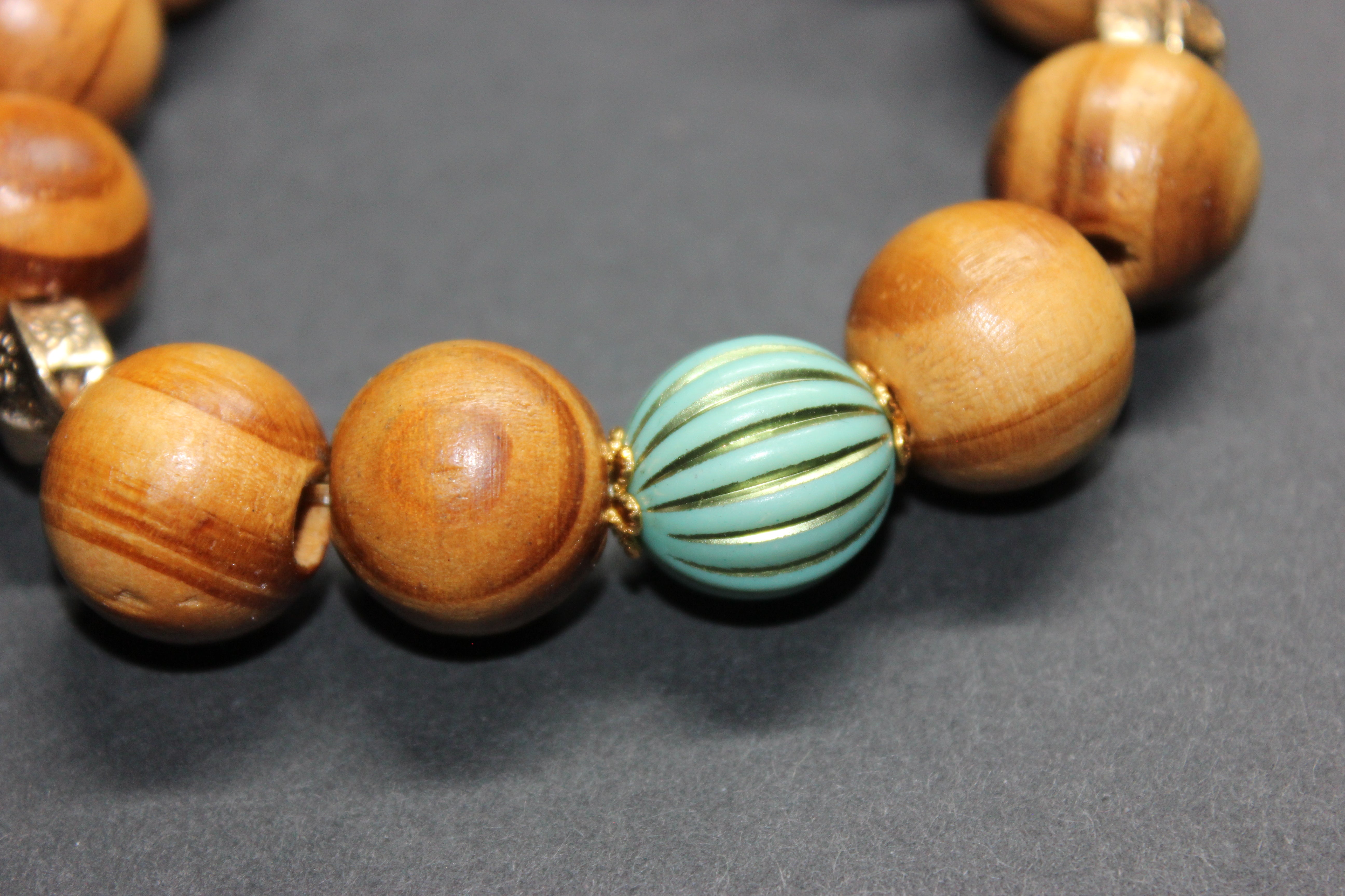 Turquoise W/Gold Wood Beaded Large Bracelet