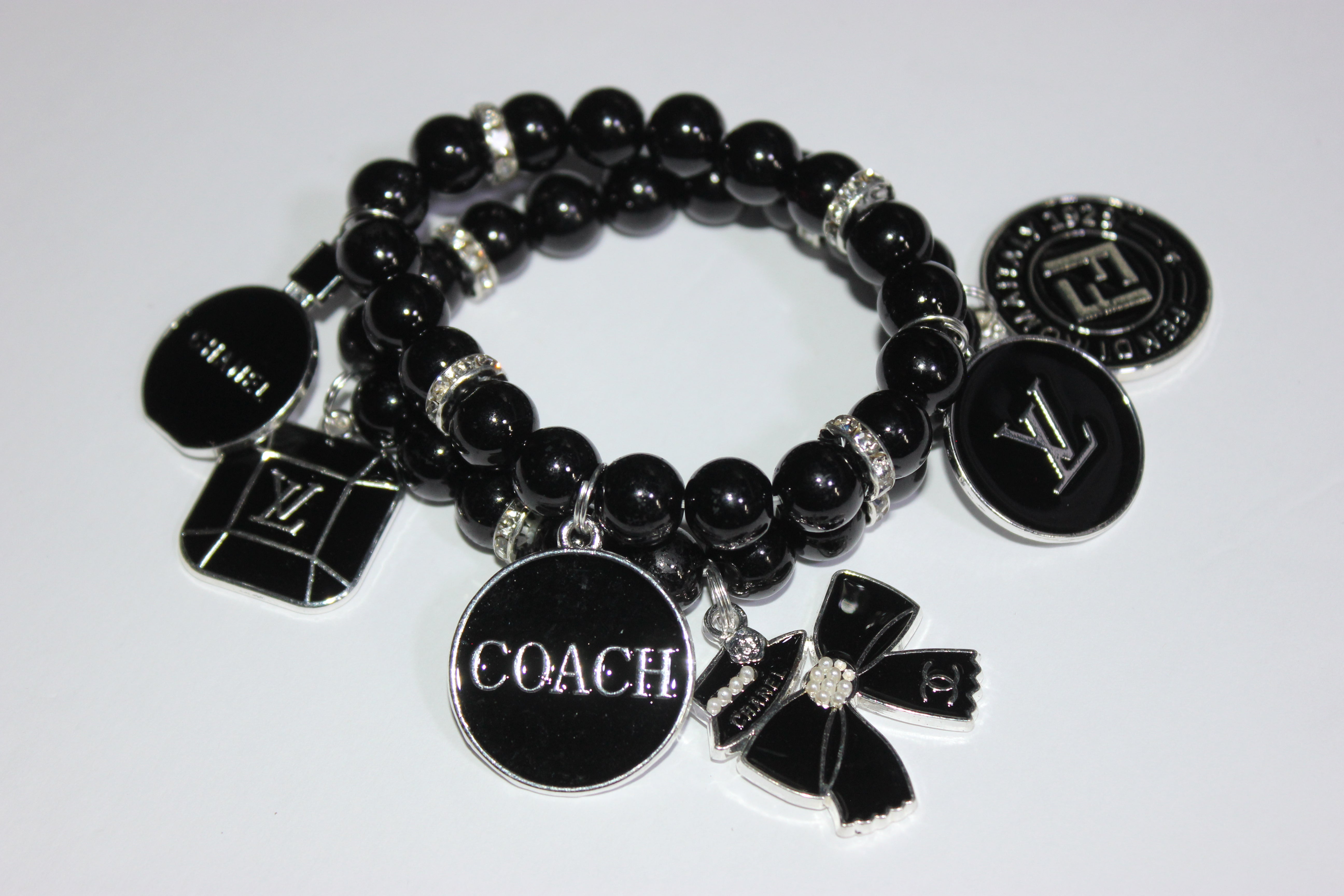 2 piece Black & Silver Beaded Charm Bracelet Set
