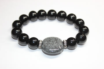 Black & Grey Beaded Bracelet with Smooth Gemstone