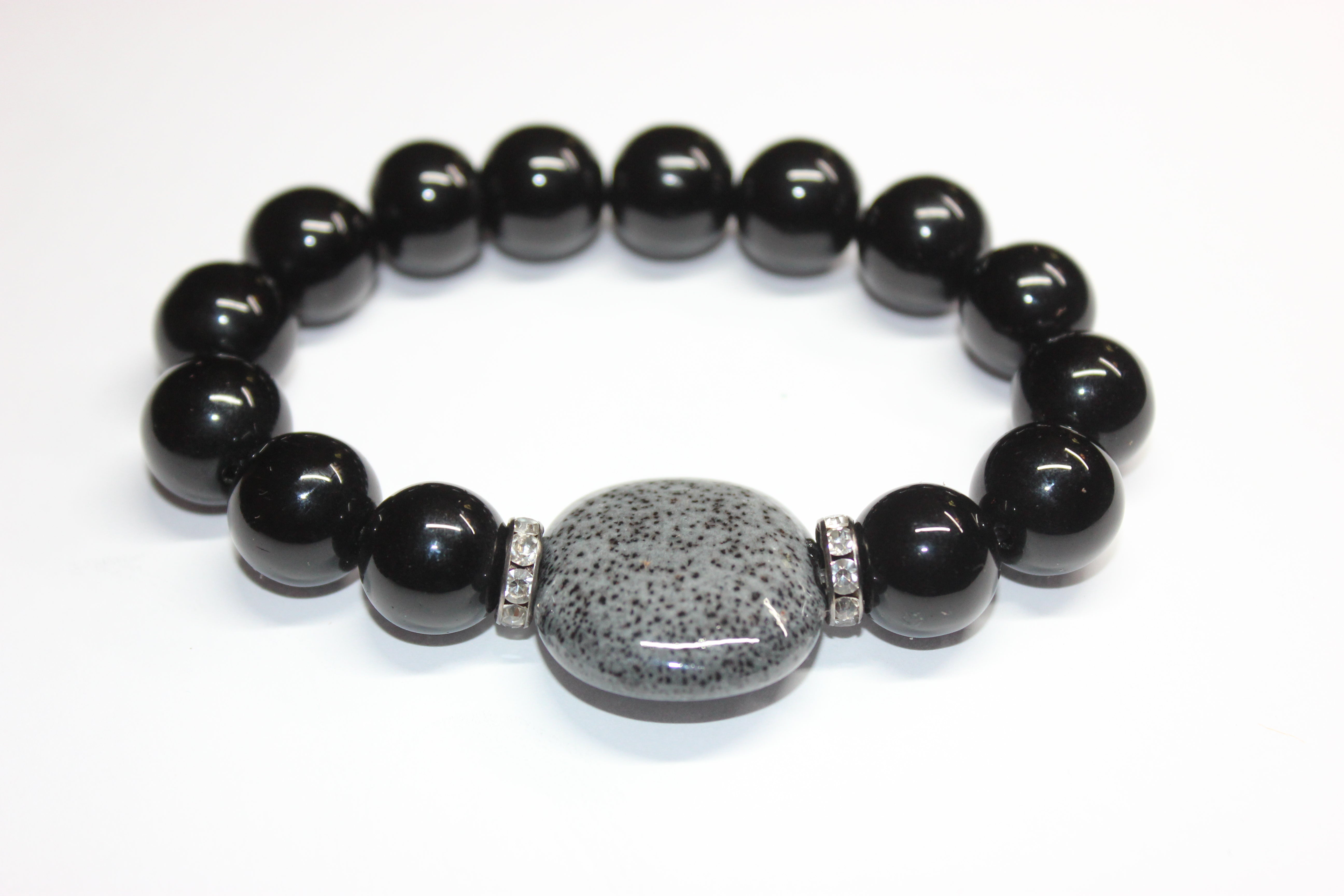 Black & Grey Beaded Bracelet with Smooth Gemstone