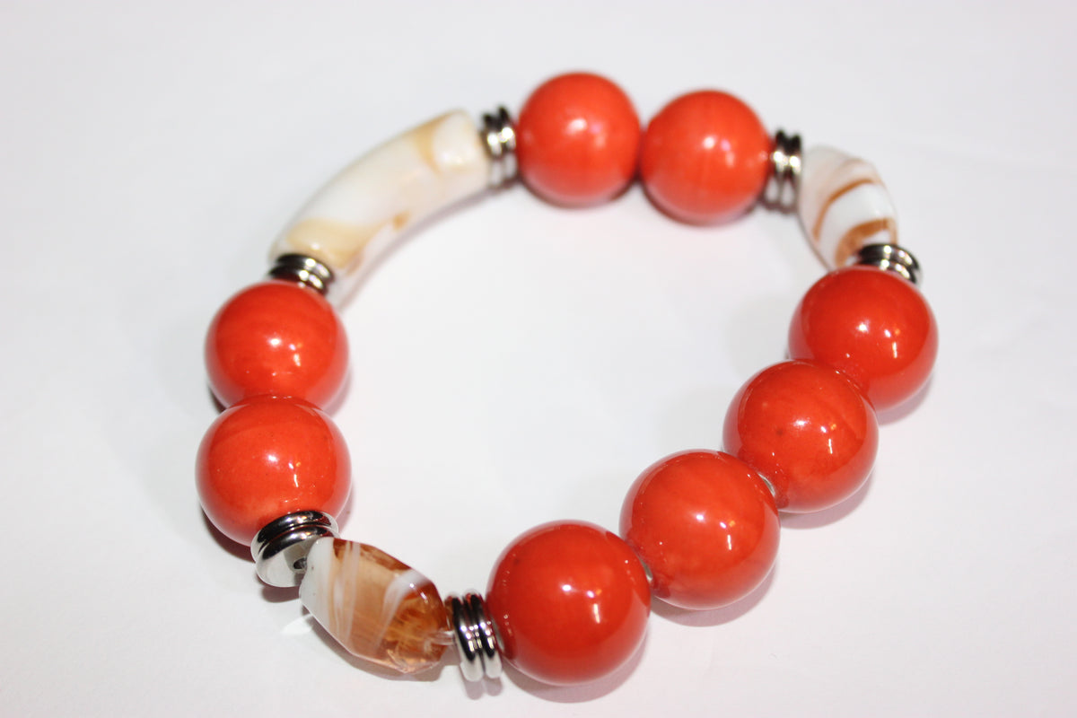 Orange & Beige Earth Tone Beaded Bracelet