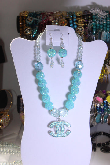 Shades Of Aquamarine & Silver Charm Necklace & Earrings Set