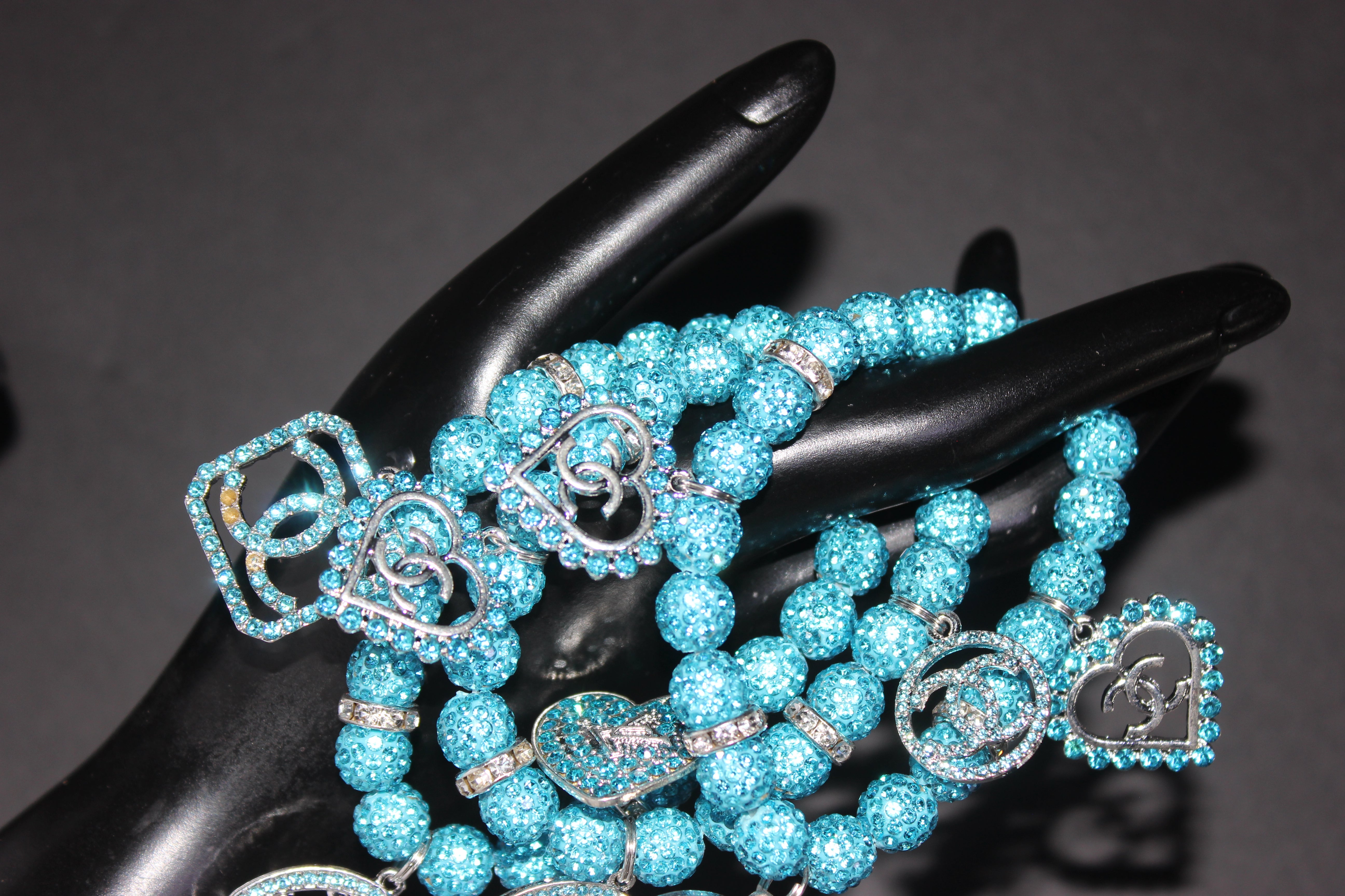 3 Piece Aquamarine & Silver Rhinestone Charm Bracelet Set