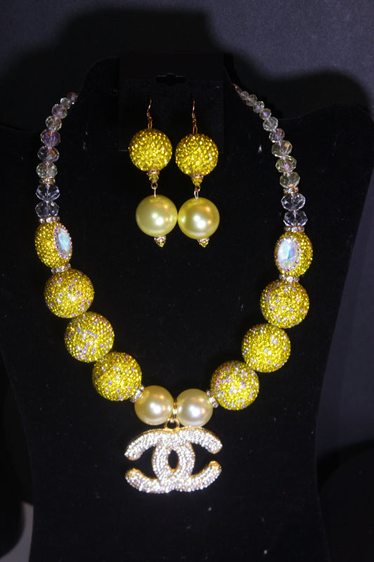 Yellow Rhinestone Charm Necklace & Earrings Set