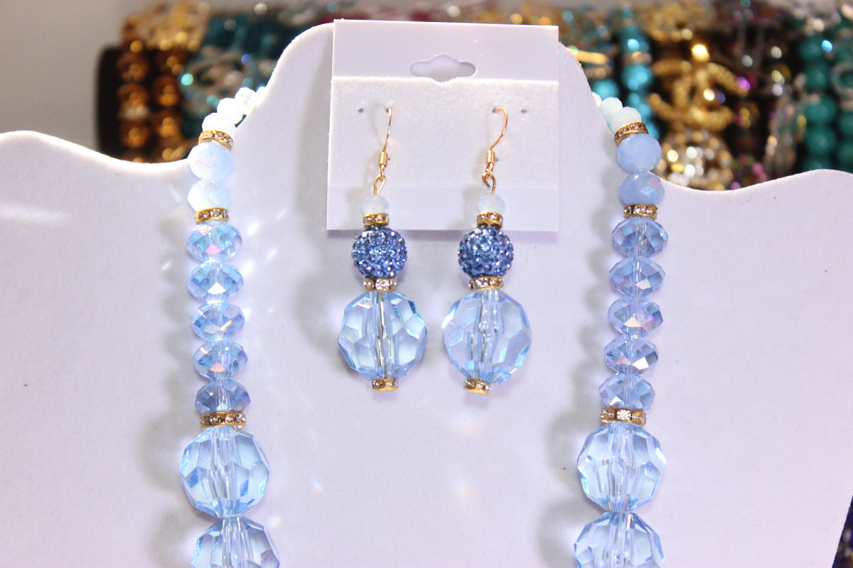 Light Blue Rhinestone Charm Necklace & Earrings Set