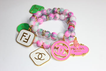 2 Piece White Green & Pink W/ Gold Beaded Charm Bracelet Set