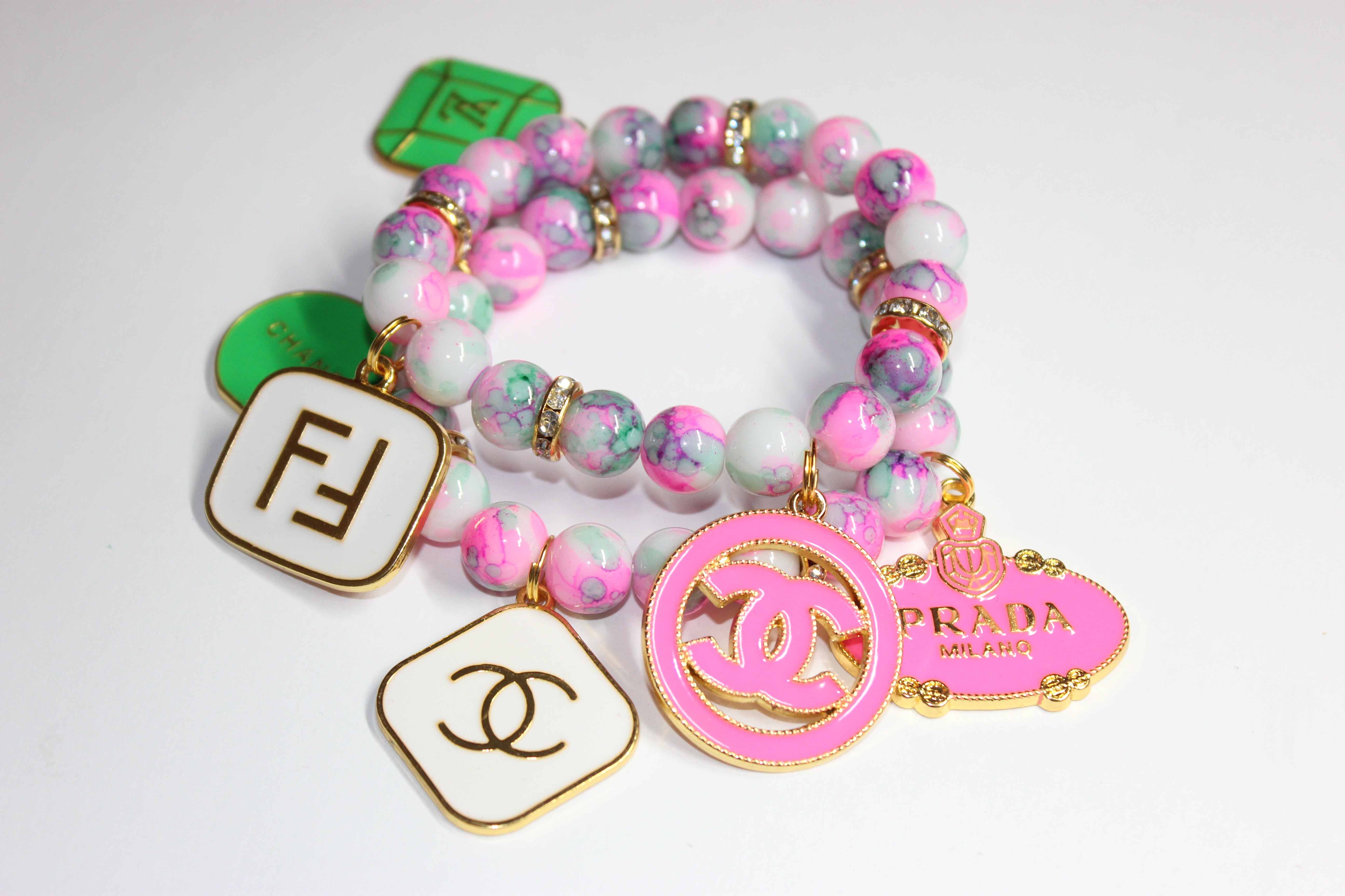 2 Piece White Green & Pink W/ Gold Beaded Charm Bracelet Set