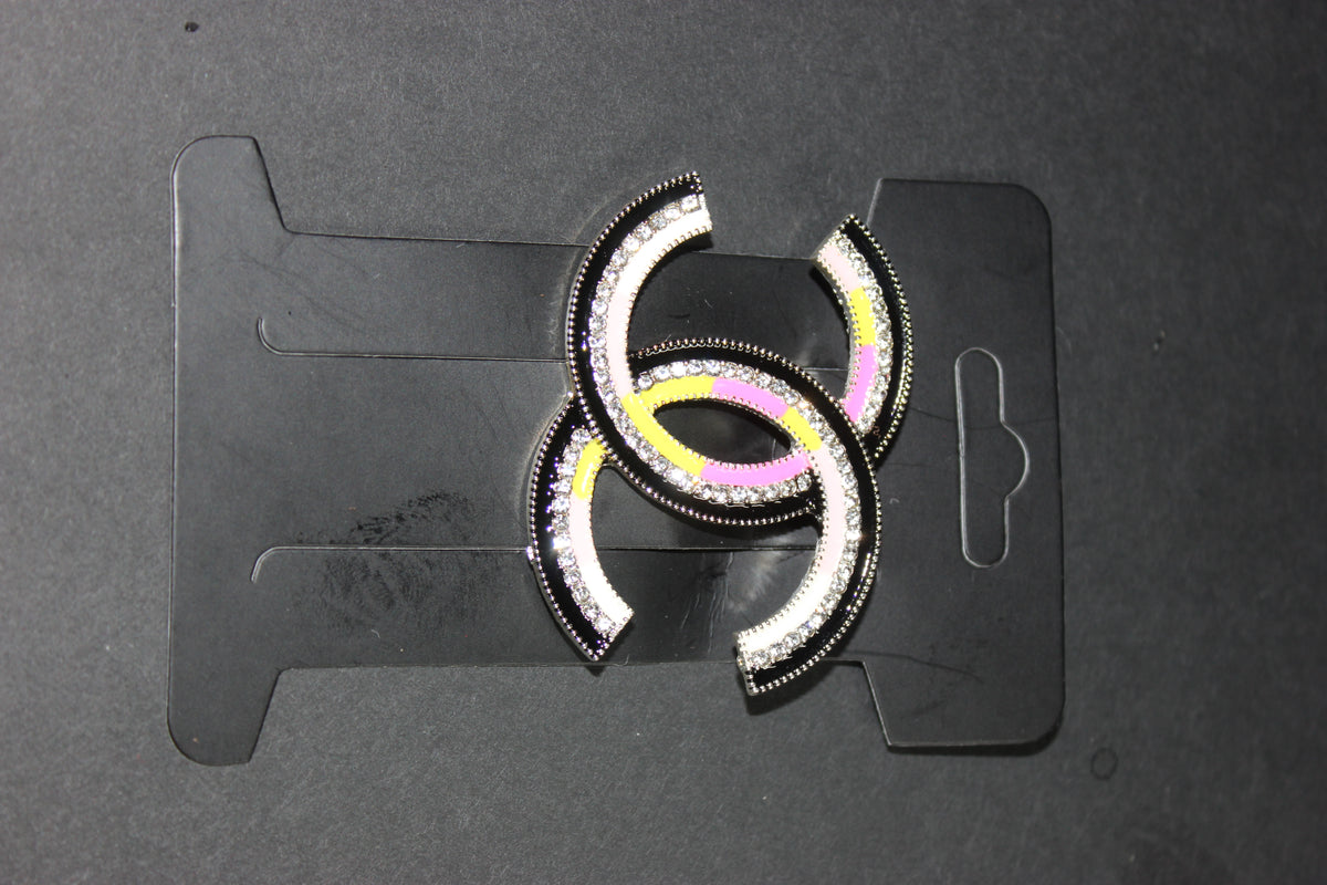 Black/Pink/Yellow/White Rhinestone Brooch Pin w/ SILVER