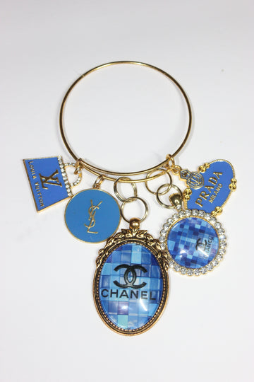 Gold & Blue Charm Bangle Bracelet