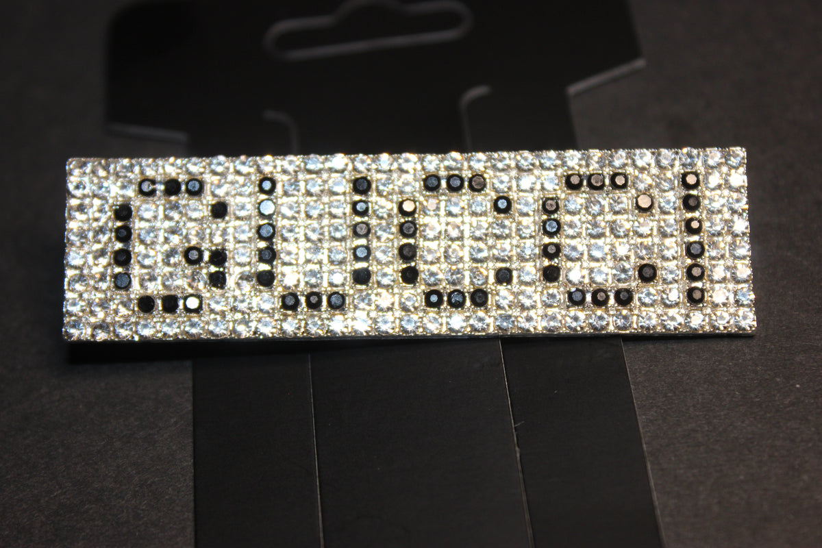 Rhinestone Brooch Pin Silver & Black Rectangle