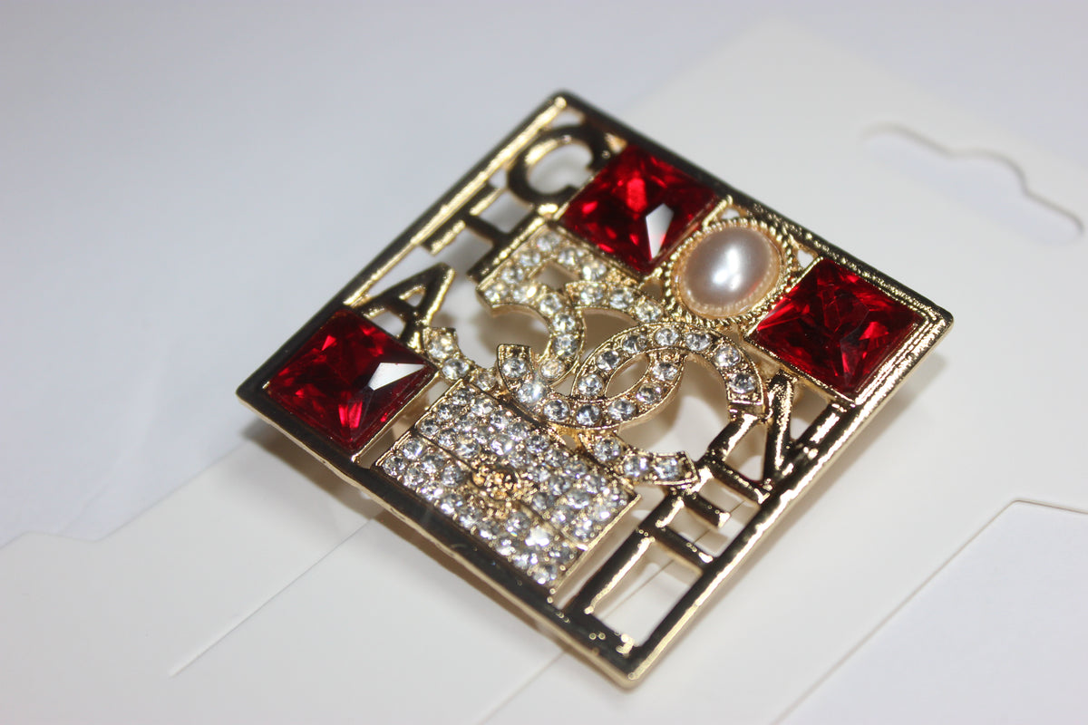 Gold Red & Pearl Brooch Pin