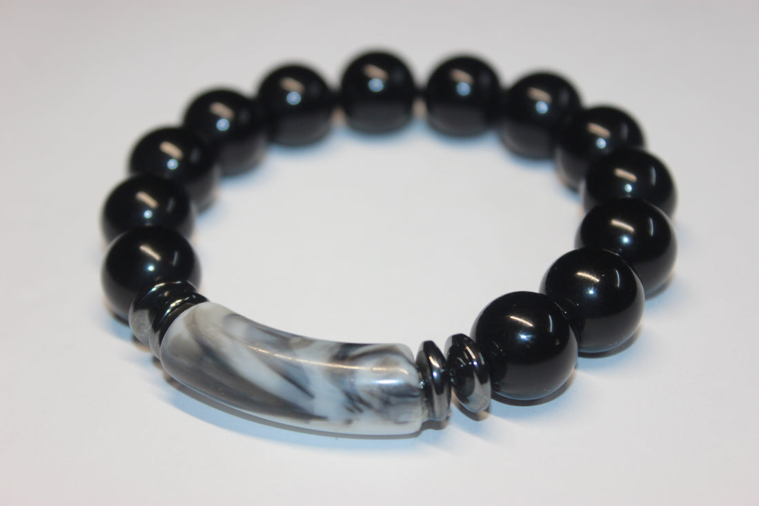 Black with Grey/White Marble Gemstone Beaded Bracelet