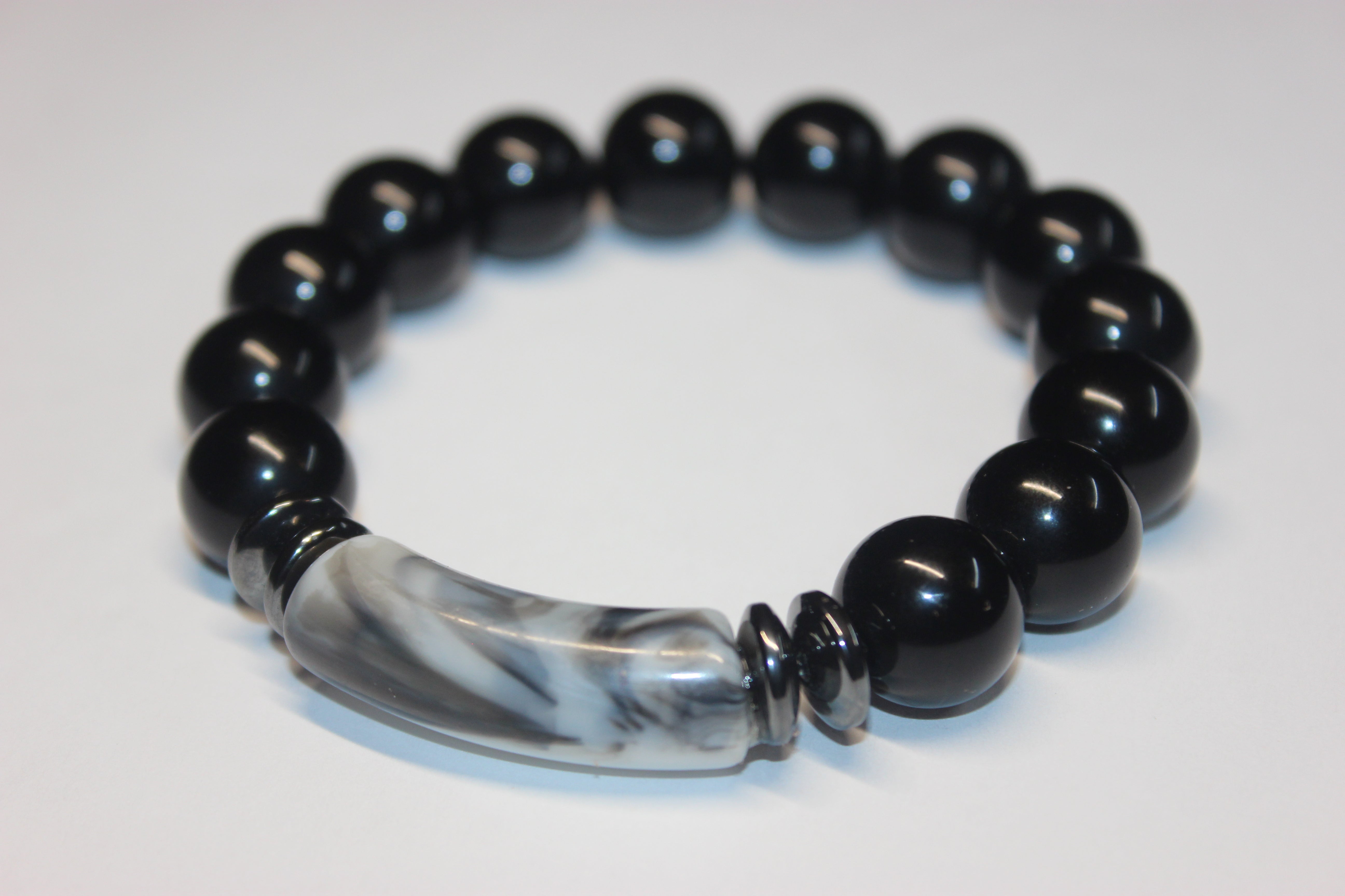 Black with Grey/White Marble Gemstone Beaded Bracelet