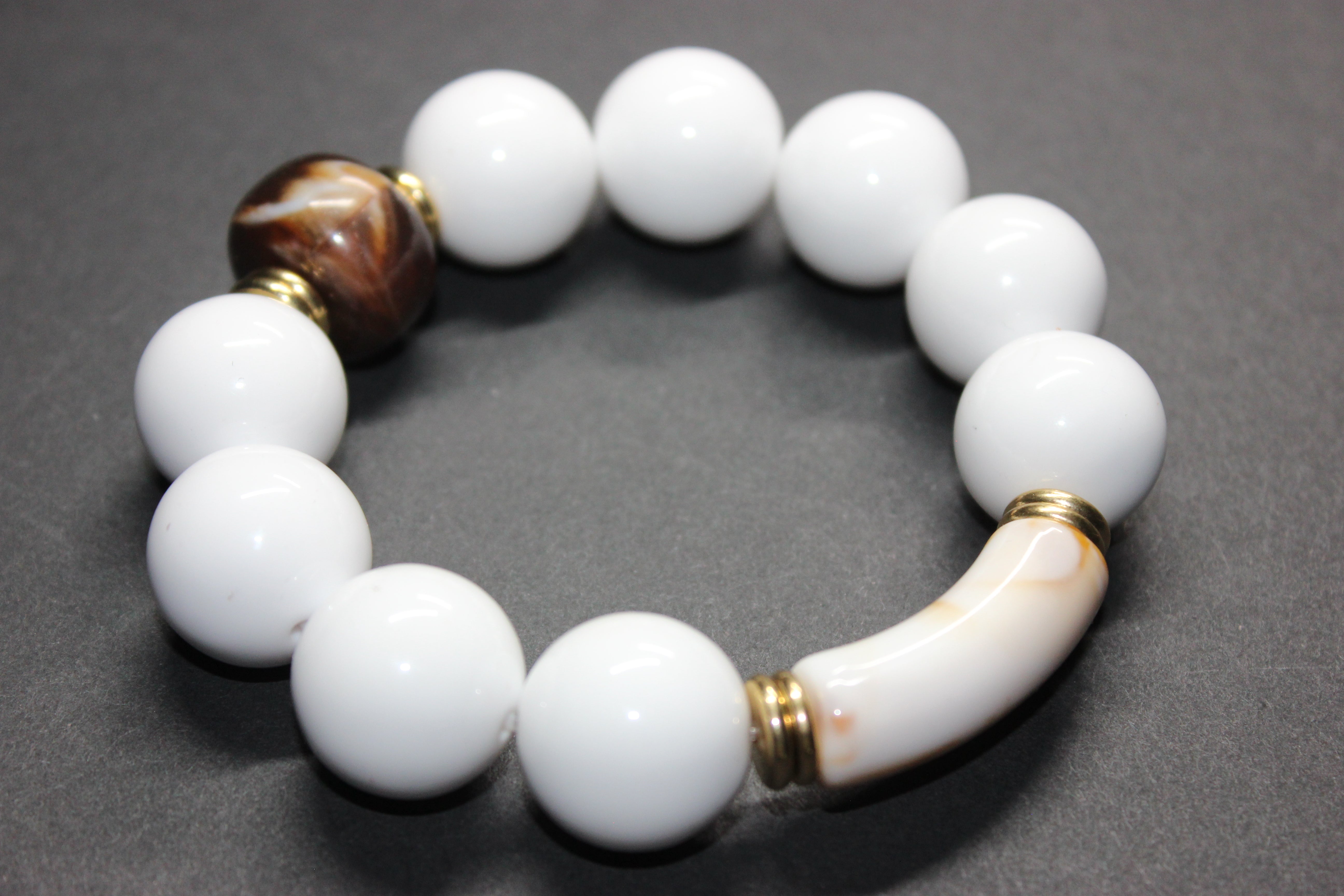 White Brown & Gold Large Beaded Bracelet