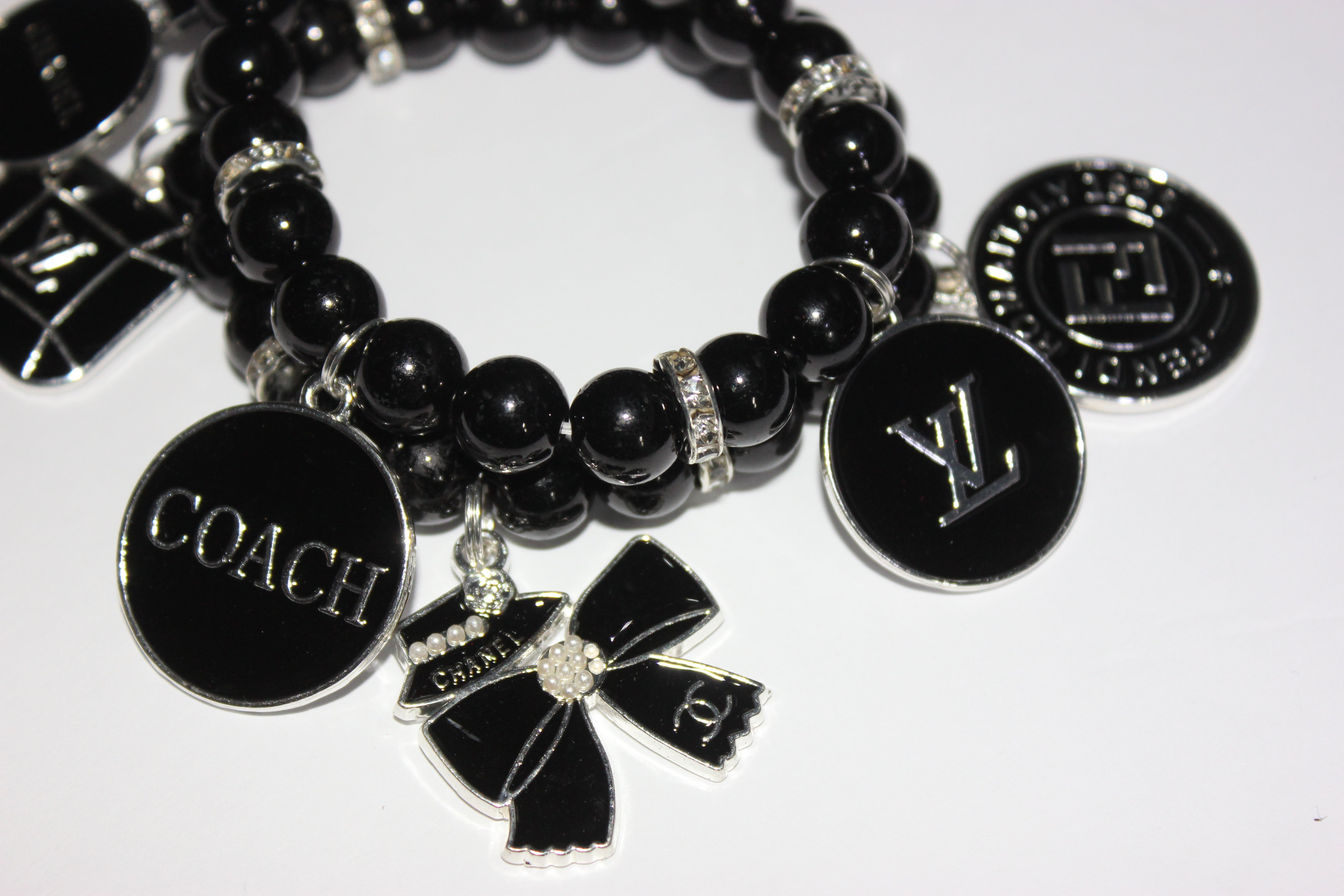2 piece Black & Silver Beaded Charm Bracelet Set