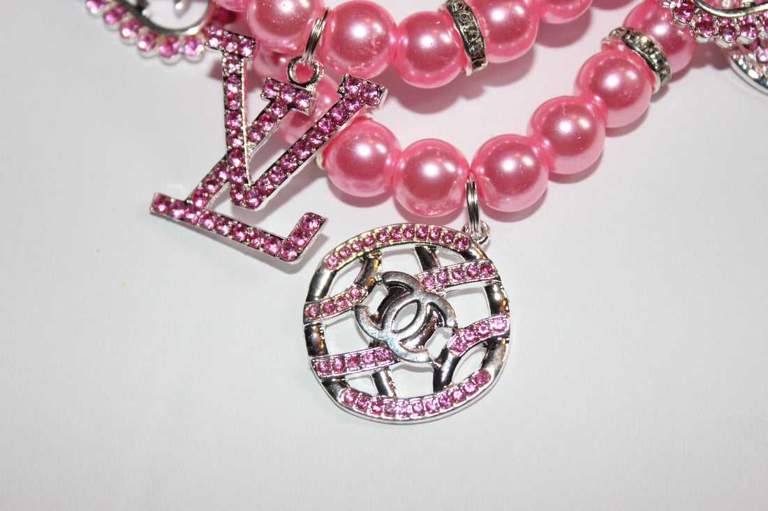 2 Piece Pink & Silver Pearl Charm Bracelet Set w/ Rhinestone Charms