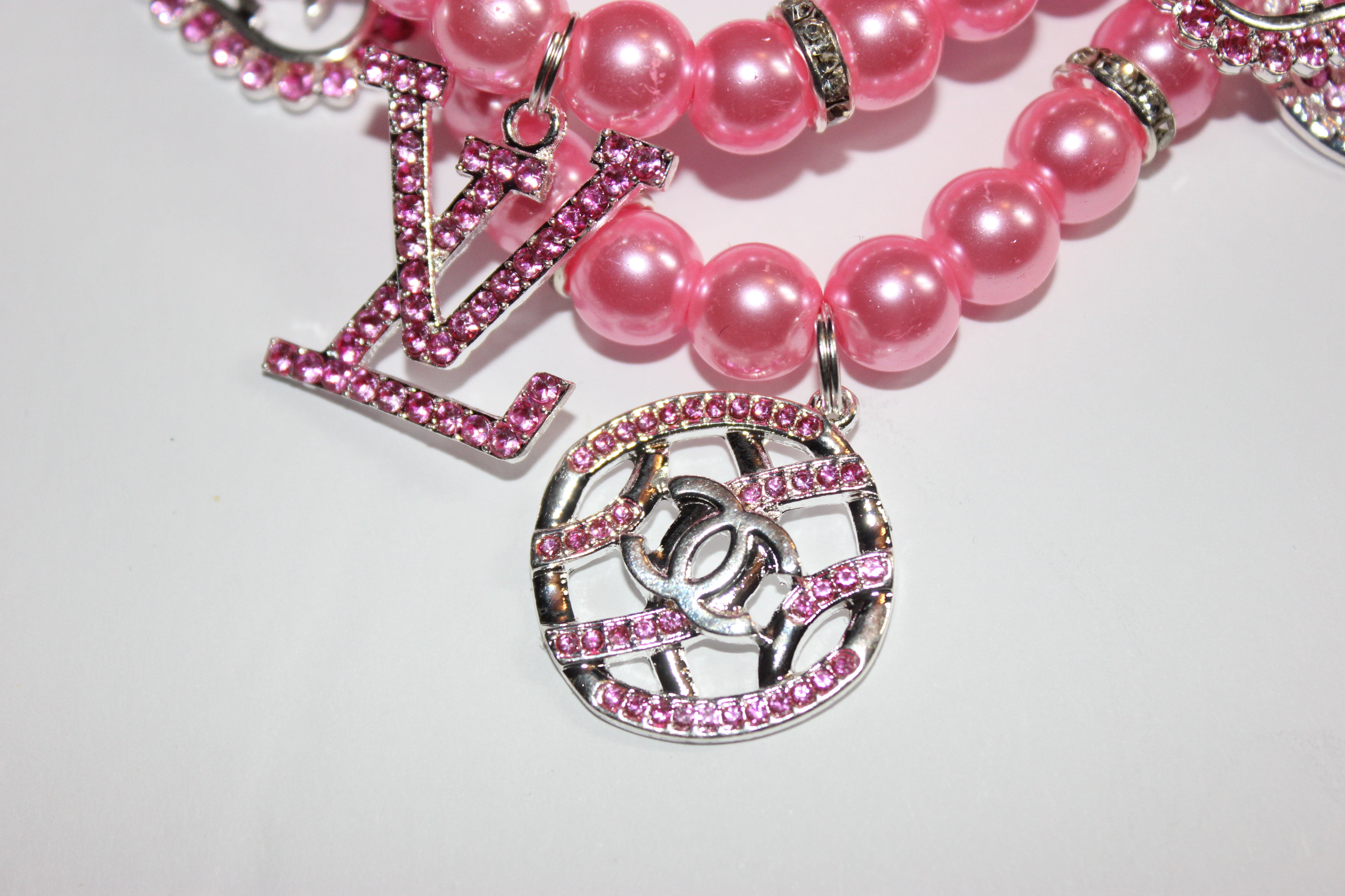2 Piece Pink & Silver Pearl Charm Bracelet Set w/ Rhinestone Charms