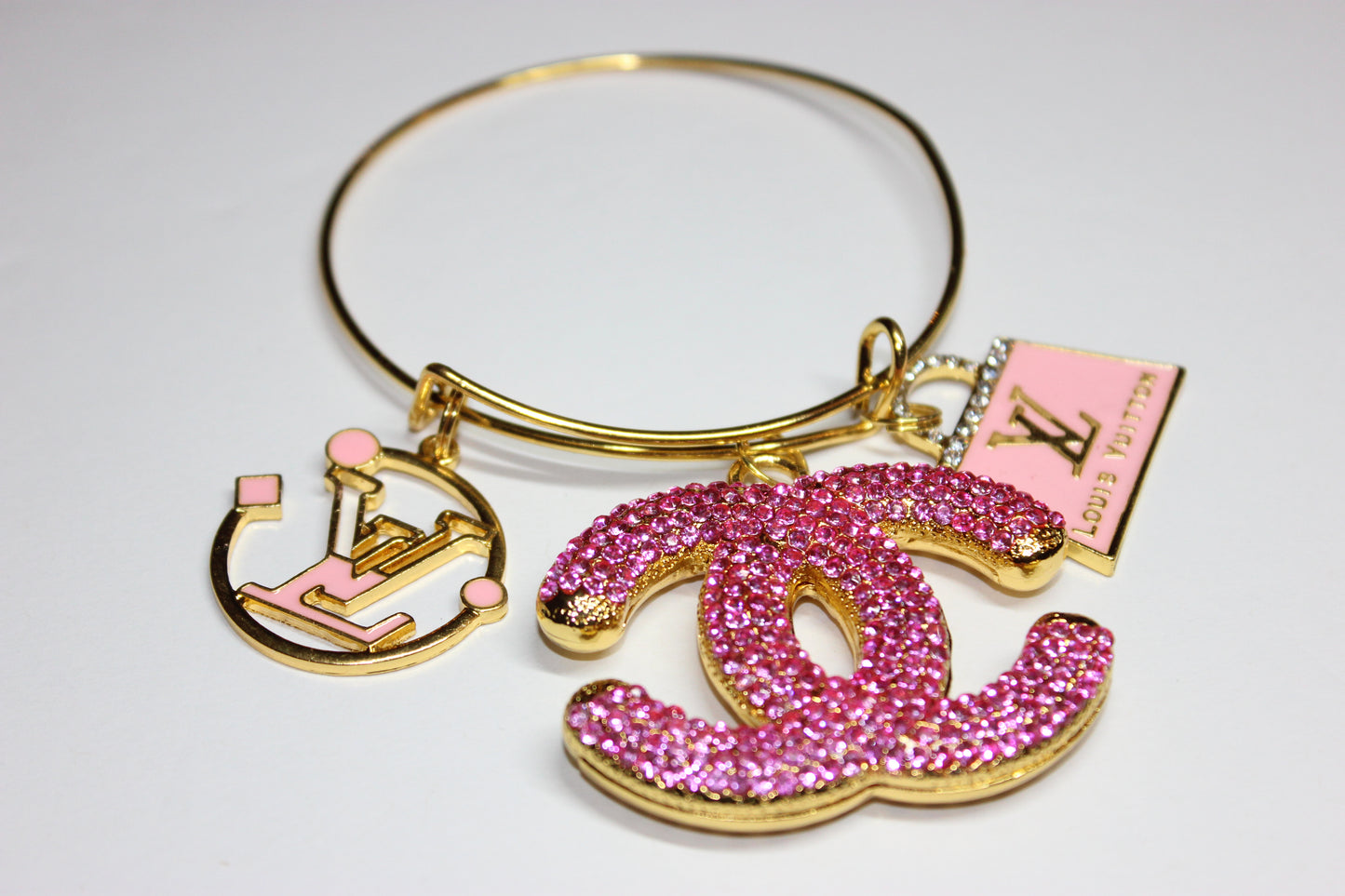 Pink & Gold Rhinestone Charm Bangle Bracelet