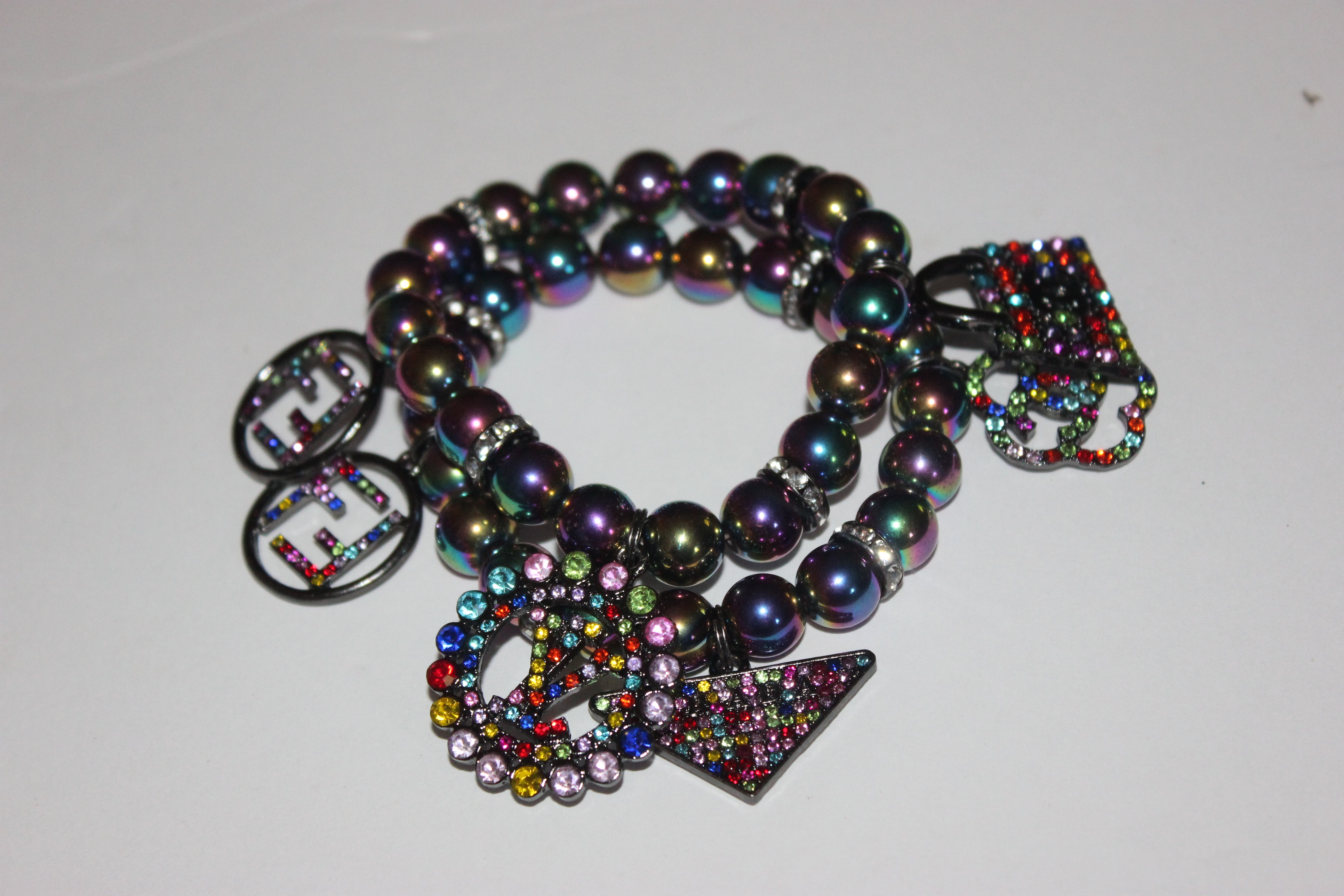 2 Piece Multicolored Gemstone Beaded Bracelet with Rhinestone Charms