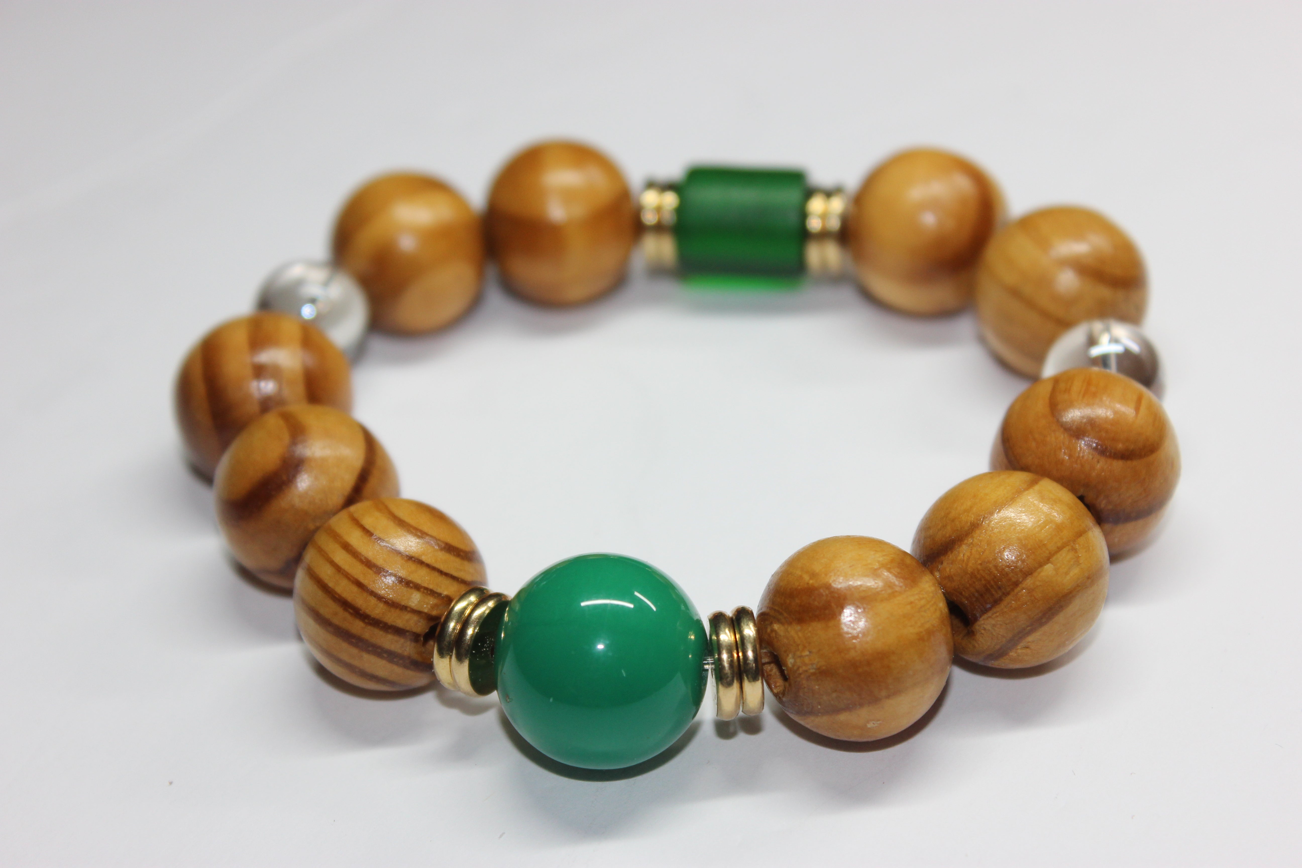 Wood Beaded Bracelet w/ Green & Gold