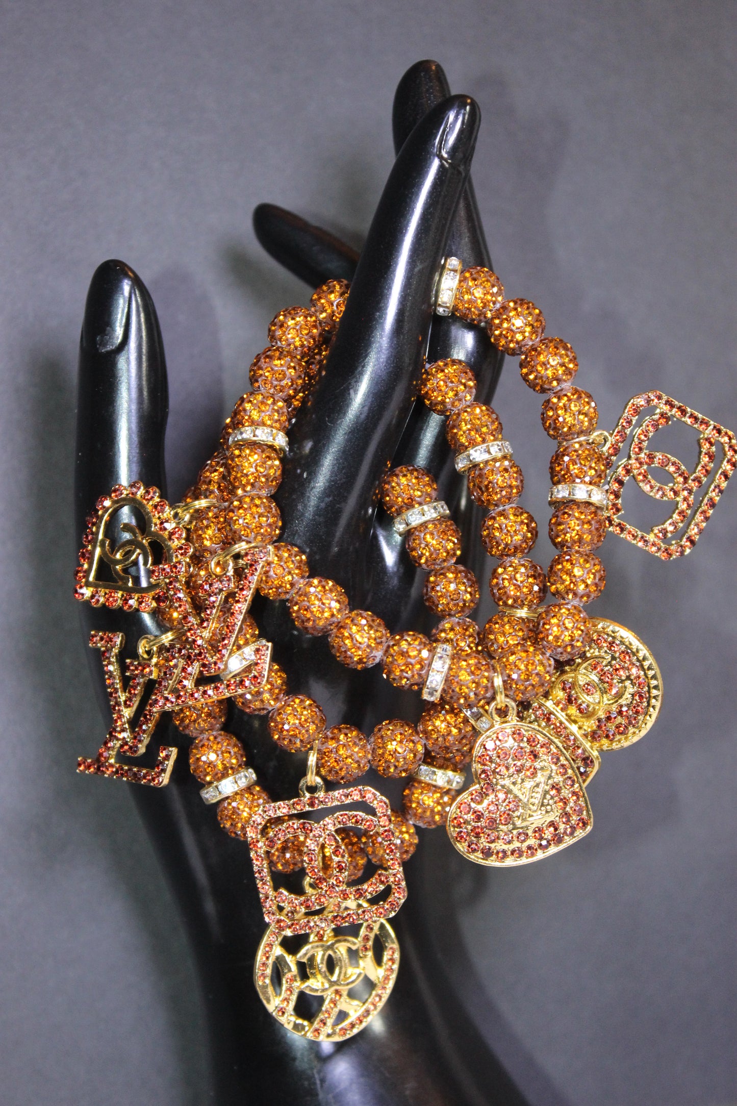 3 Piece Brown Gold & Topaz Rhinestone Charm Bracelet Set