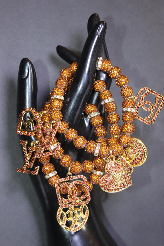 3 Piece Brown Gold & Topaz Rhinestone Charm Bracelet Set